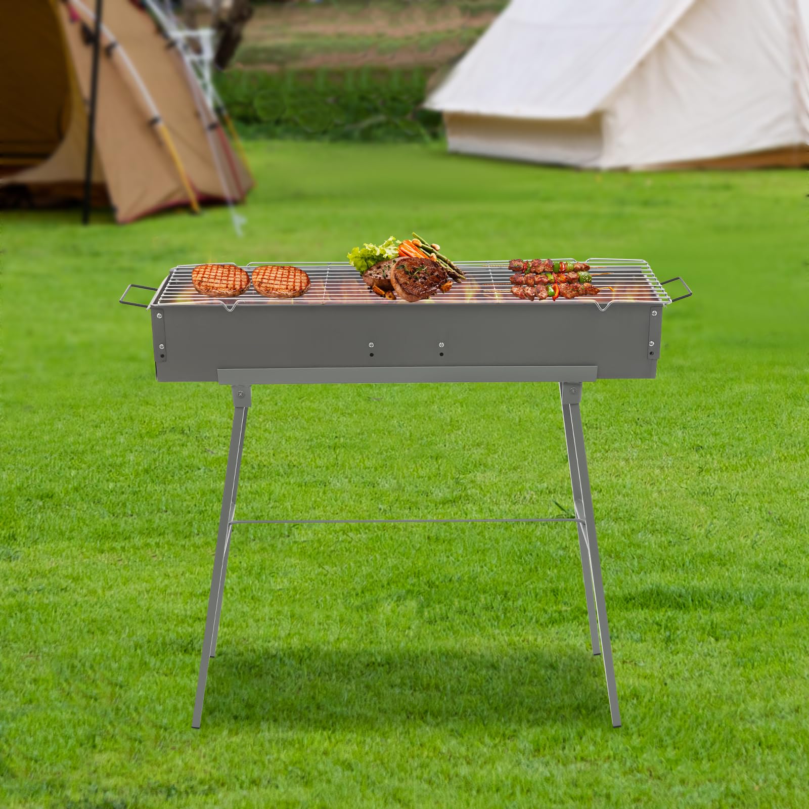 Przenośny grill na węgiel drzewny w standardowej jakości z regulowaną klapą powietrzną, szpikulec barankowy, składany, grill kempingowy, grill do ogrodu, na podwórko, imprezę, do aktywności na świeżym