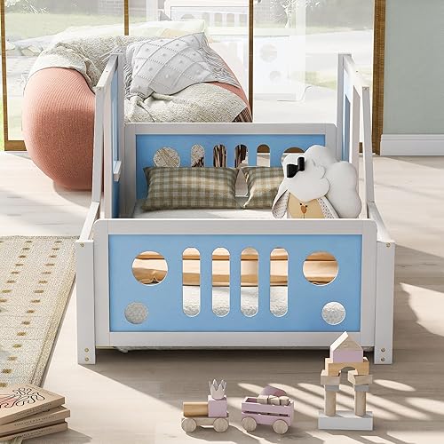 Miniatura 4 de Merax Cama de plataforma clásica en forma de automóvil con ruedas, marco de cama de automóvil de madera para niños, color azul