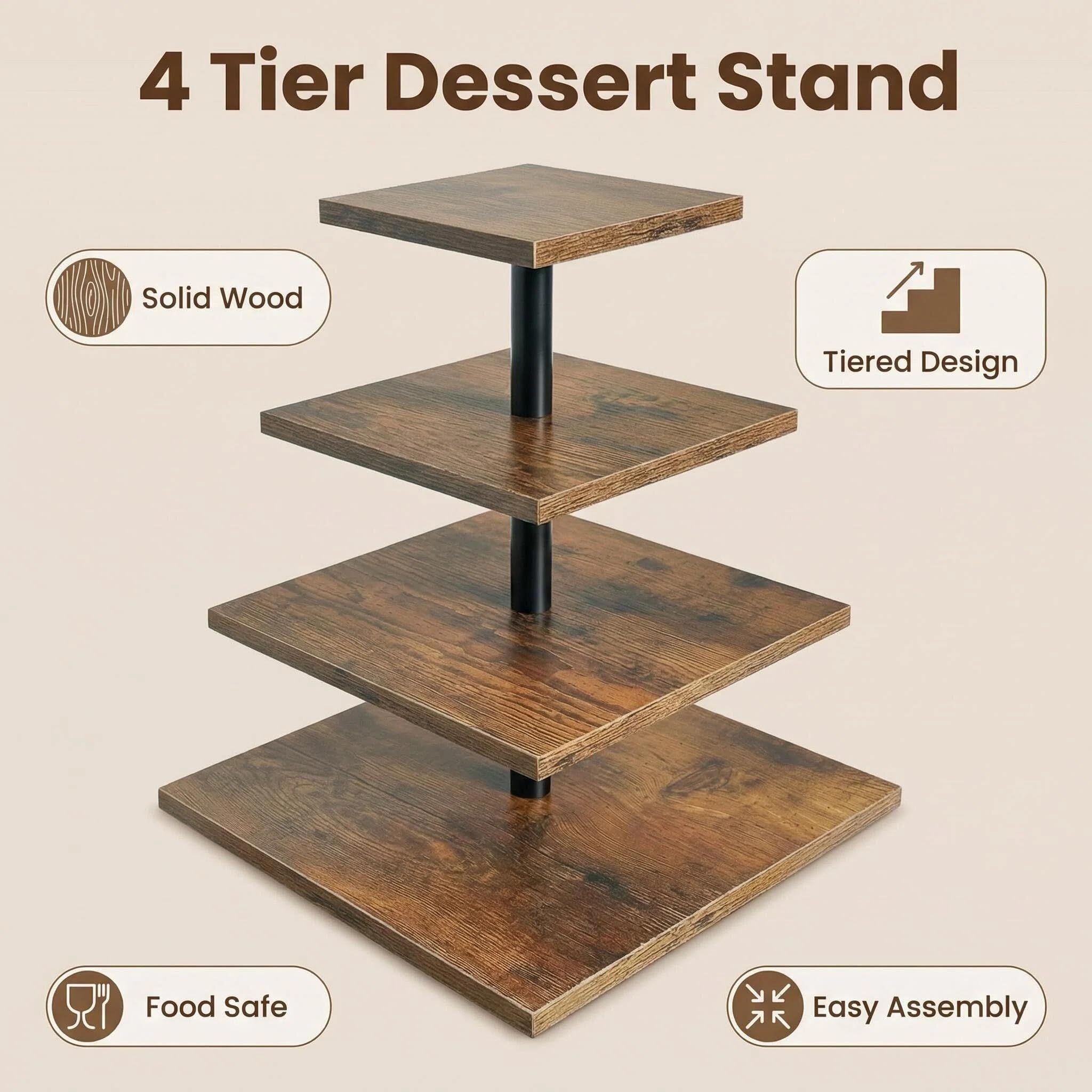 4-stöckige Etagere Holz Tortenständer | Cupcake Ständer & Servierständer für Desserts, Gebäck & Obst | Rustikaler Kuchenständer für Hochzeit, Party & Küche | Stabiles Design mit Metallrahmen