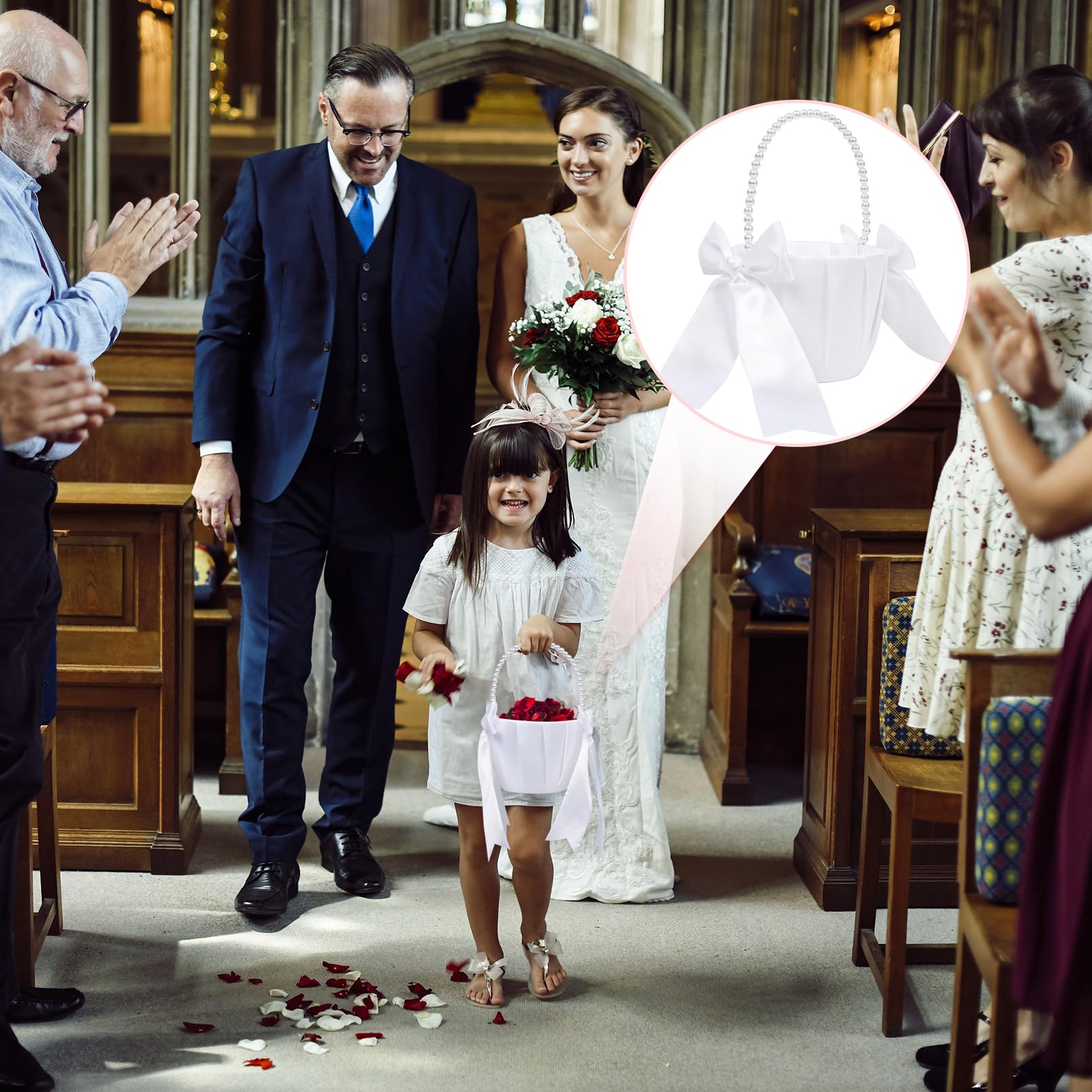 2 Stück Blumenmädchen Korb, Weiß Blumenkorb Hochzeit für Blumenmädchen, Blumenkorb Blumenkinder mit Henkel und Schleife