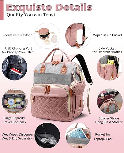 Miniatura 3 de Bolsa de pañales con cambiador, mochila impermeable 3 en 1 para pañales para bebé con cambiador plegable, rosa-gris Rosado/Gris,Azul,Negro