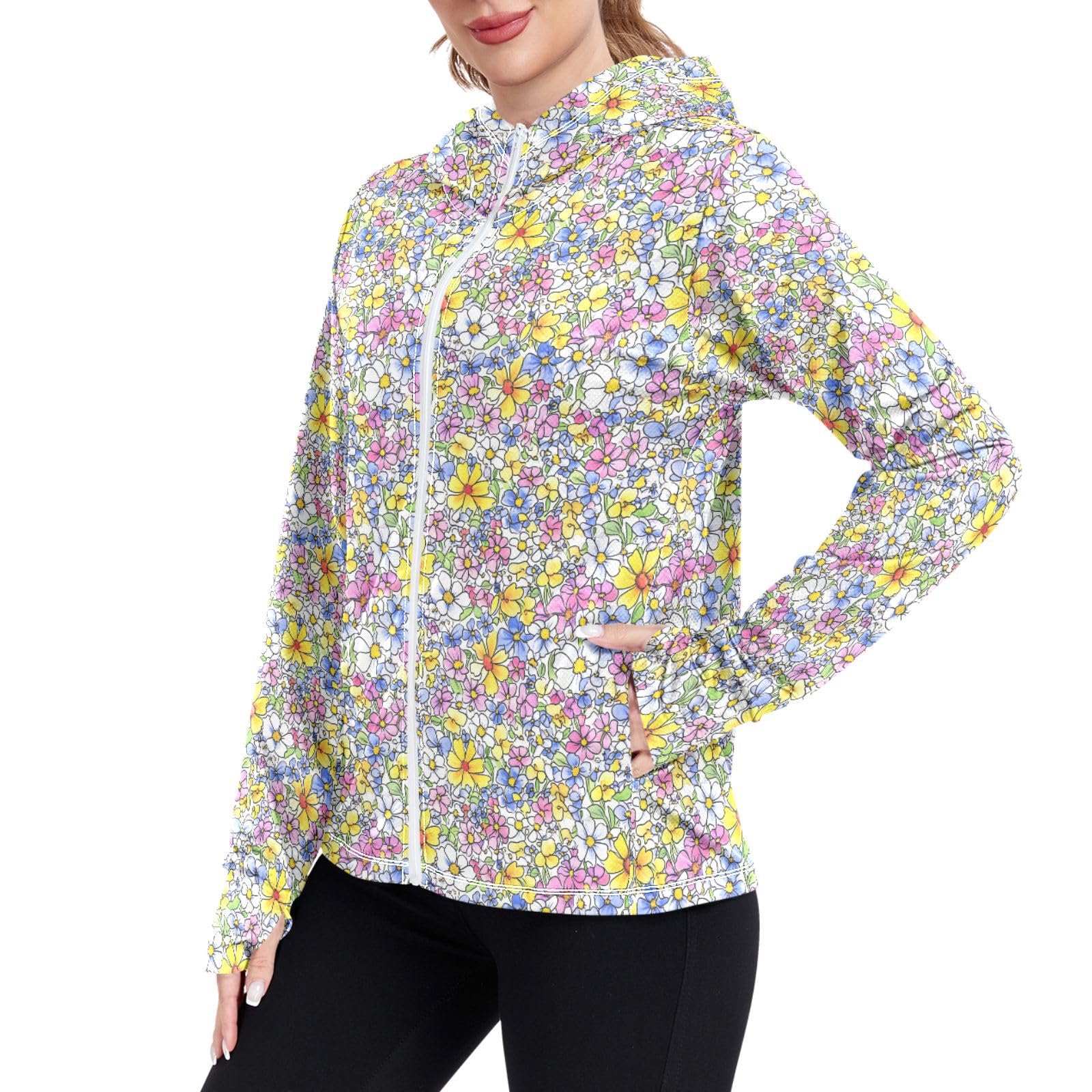 Women's Sun Protection Lightweight Hoodie Jacket Zip Up Jackets for Women UPF 50+ Clothing for Hiking Golf Cycling M Colorful Florals