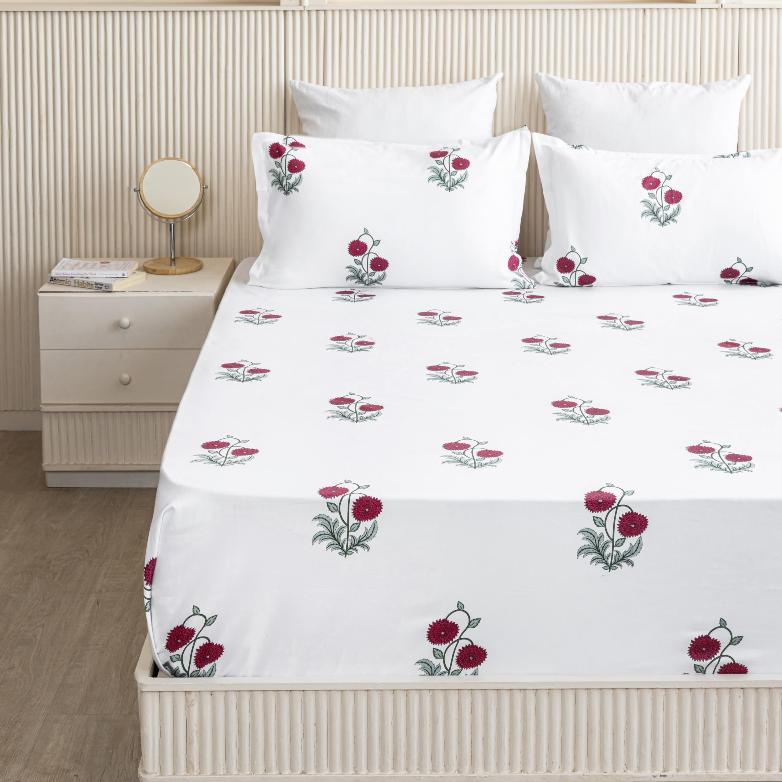HOMEMONDE 210 TC Bedsheet Queen 90 x 100 Inches Premium Cotton Floral Printed Soft Flat Sheet with 2 Pillow Covers 18 x 28 Inch - Red Rose