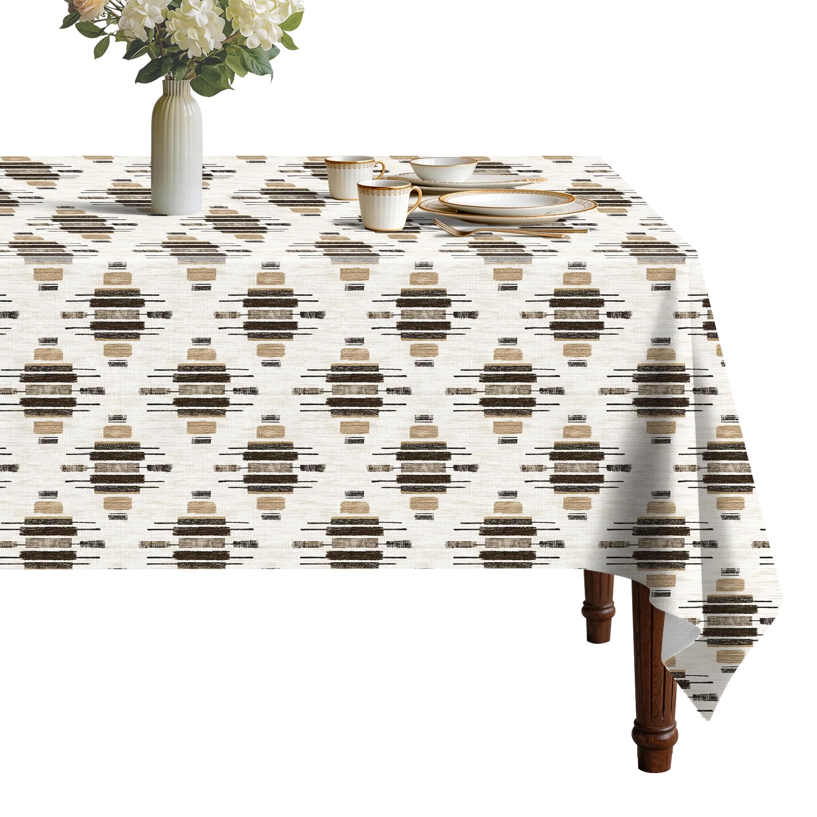 viaowan Boho Tribal Vinyl Tablecloth with Flannel Backing for Rectangle Tables, Waterproof Stain Resistant Non-Slip Wipeable Table Cover for Kitchen Dining Picnic Party 52 x 70 Inch