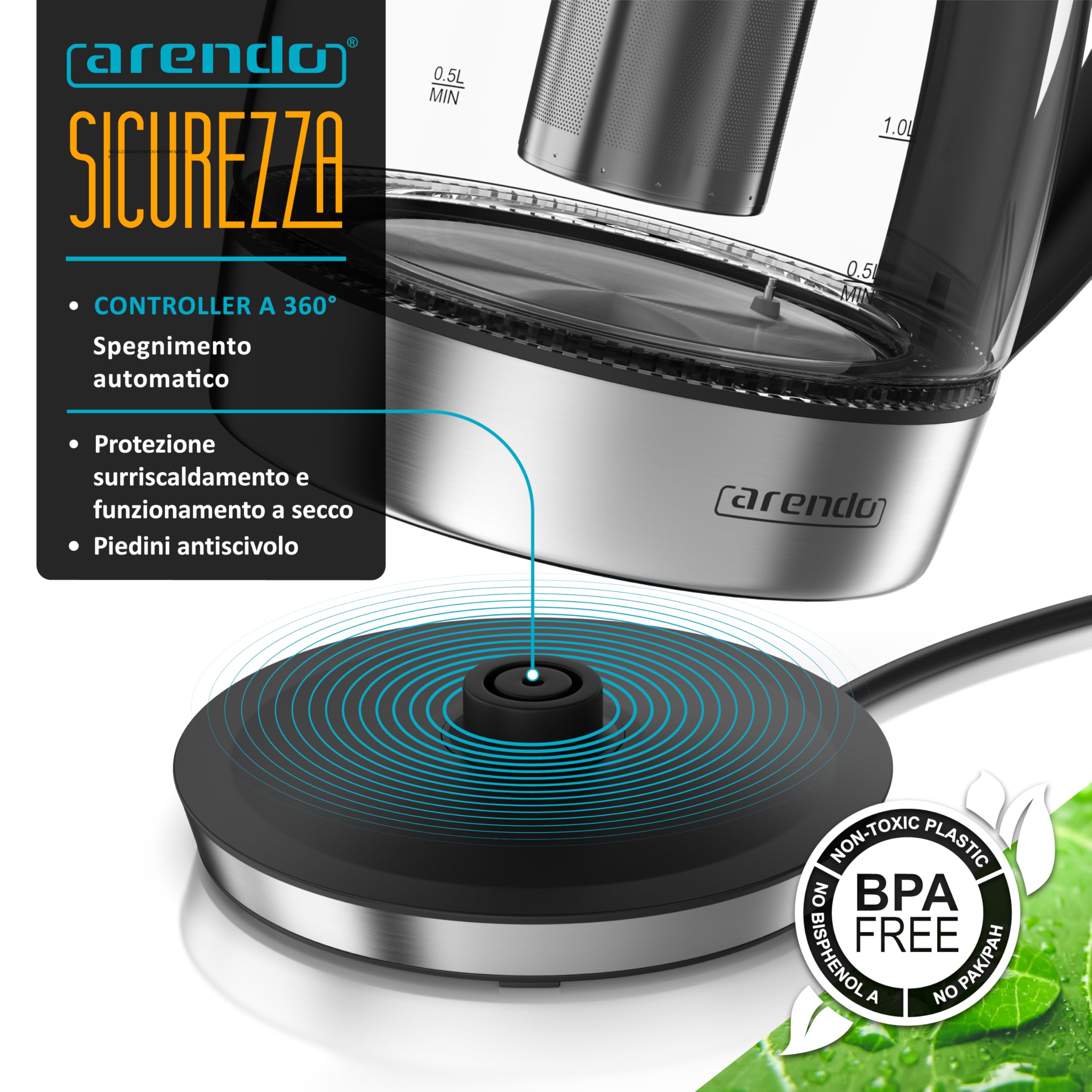 Arendo - Bollitore in vetro da 1,8 litri con filtro per il tè, 2200 Watt, In acciaio inossidabile, Intervallo di temperatura da 40 °C a 100 °C, Funzione di mantenimento in caldo, Illuminazione LED