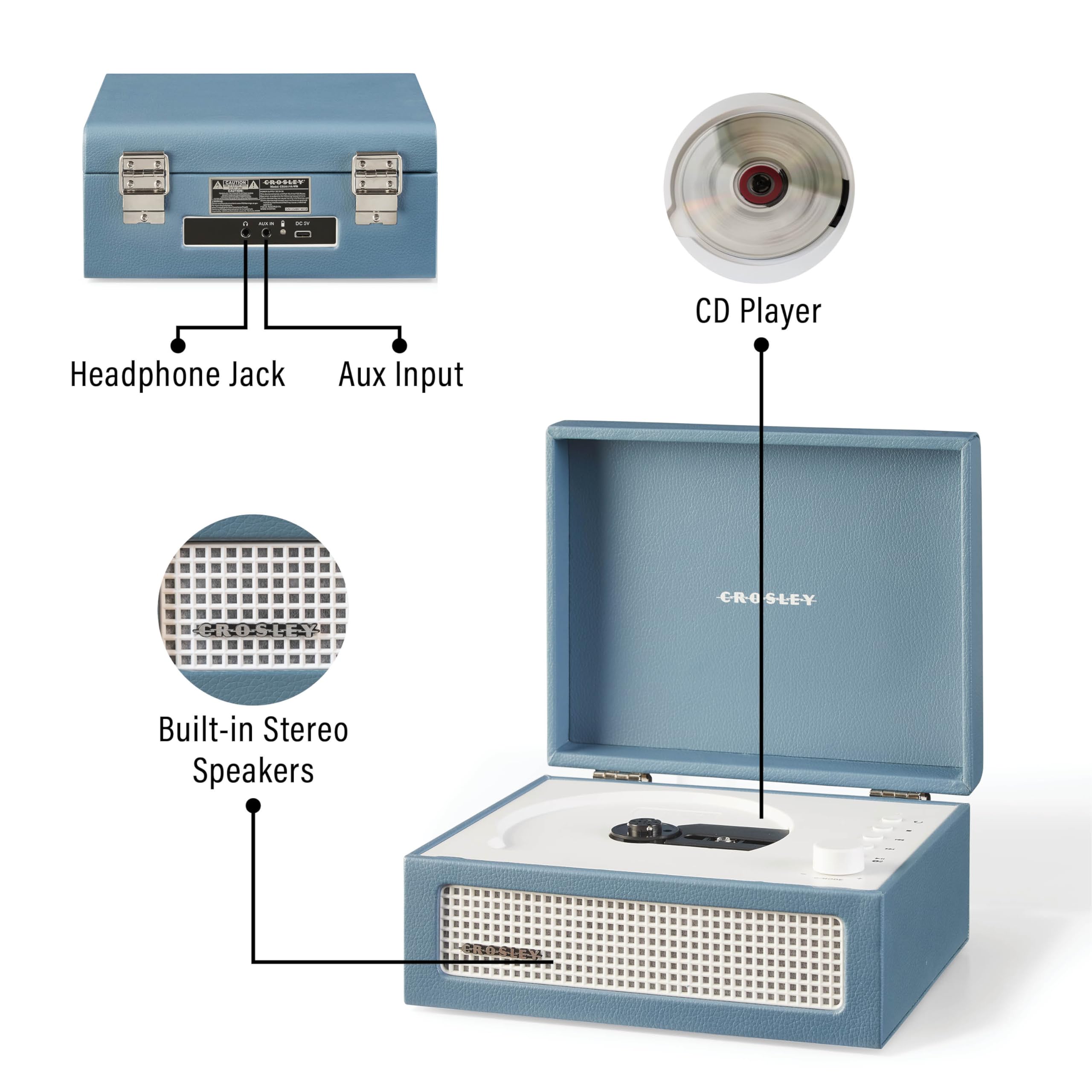 Crosley Voyager Lecteur CD Portable avec Bluetooth, Haut-parleurs stéréo intégrés et Radio FM – Lecteurs CD Rechargeables pour la Maison, Le Bureau et Les Voyages avec Prise Casque, entrée auxiliaire