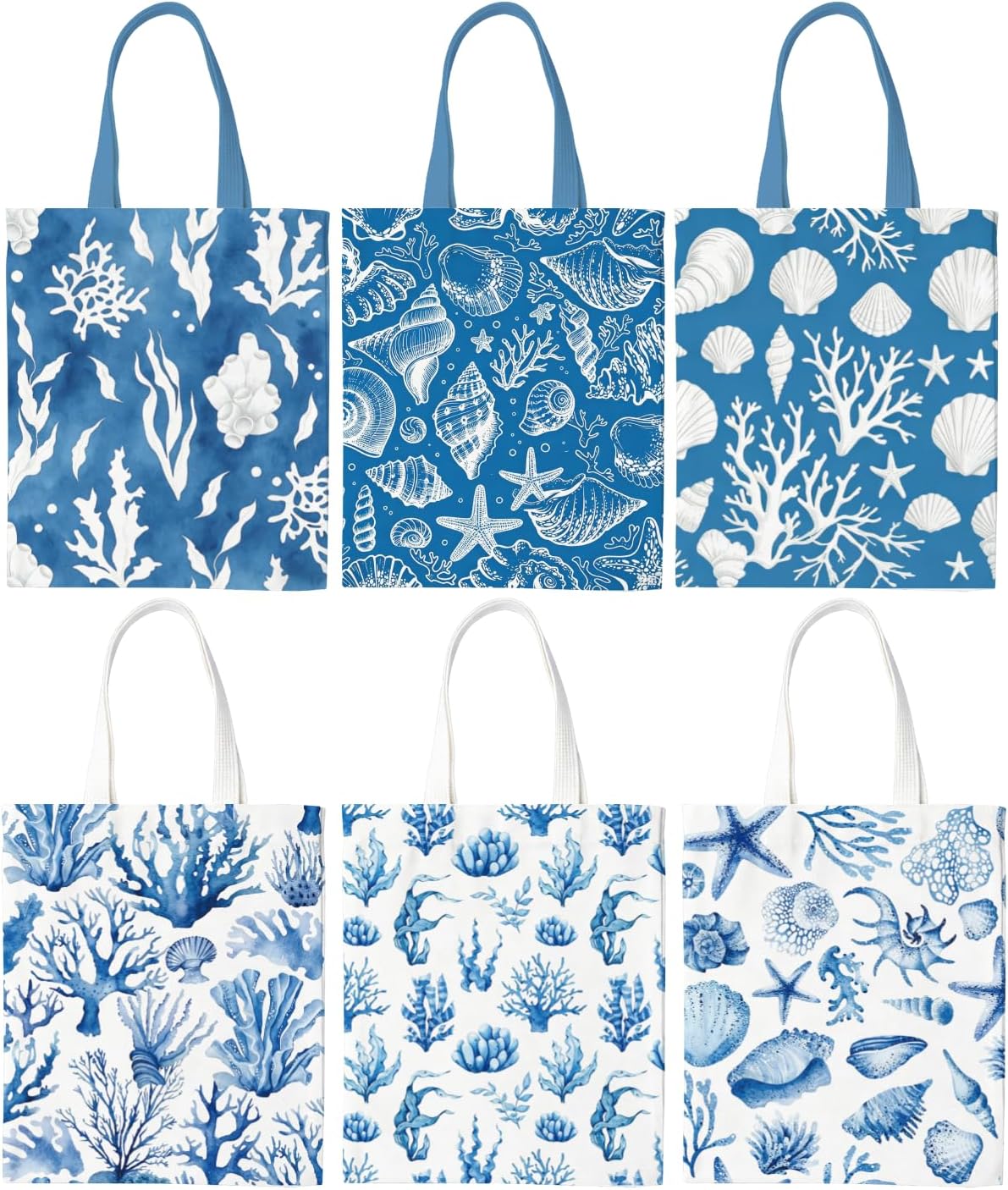6Pcs Ocean Canvas Beach Tote Bags with Zipper Pocket | Seashell Coral Canvas Tote Bags Reusable Beach Gift Bag for Women, Summer Ocean Themed Party Favors