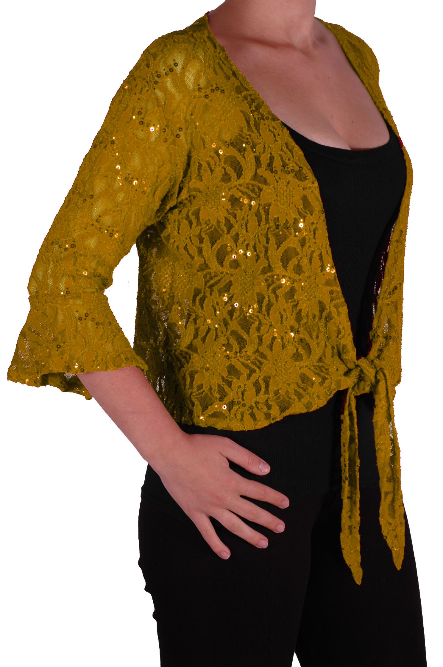 EyeCatch Oversize 12-26 - Darcey Ladies Sequin Cardi Tie Shrug Lace Bolero Top Womens Plus Size Mustard 20-22