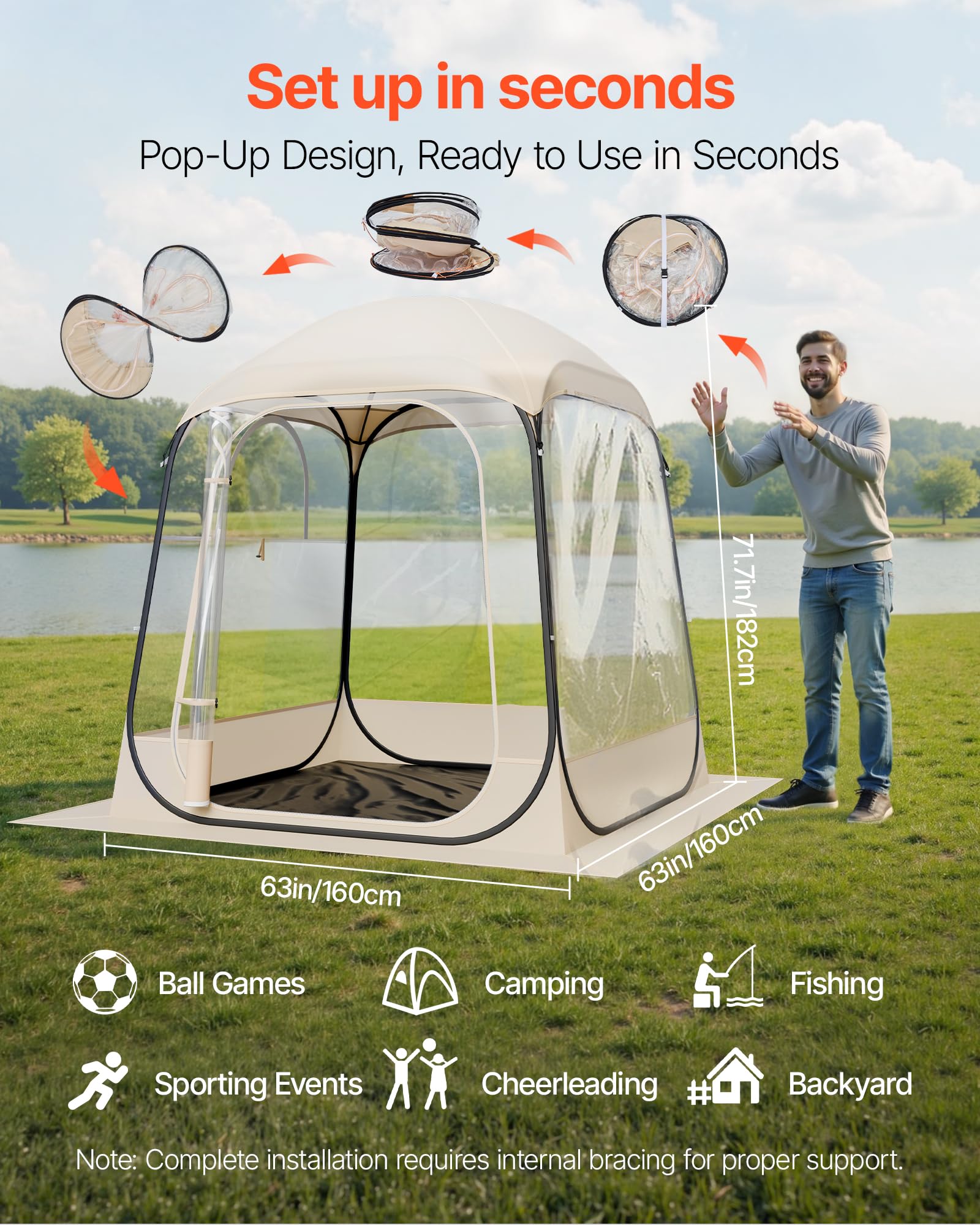 VEVOR Transparentes Zelt, 160x160x182 cm, Pop-up-Zelt für 2–4 Personen, Sportzelt mit Bodenmatte & oberer Abdeckung, Outdoor-Bubble-Zelt, Campingunterstand für Veranstaltungen, Angeln, Jubeln