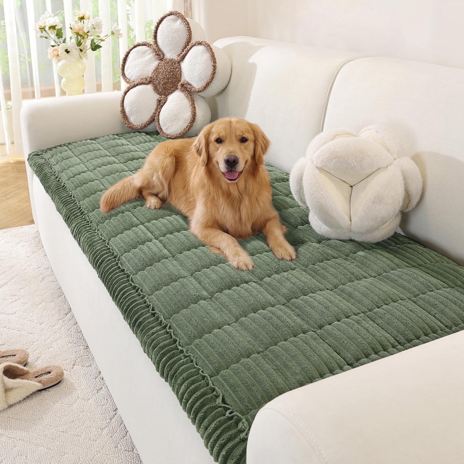OstepDecor Sofa Covers 2 3 4 Seater, Pet Sofa Cover, Settee Covers, Couch Protectors for Dogs, L-Shaped Corner Couch Cover, Thick Soft Corduroy Fuzzy Pads for Pets and Kids (Green, 70x220cm)
