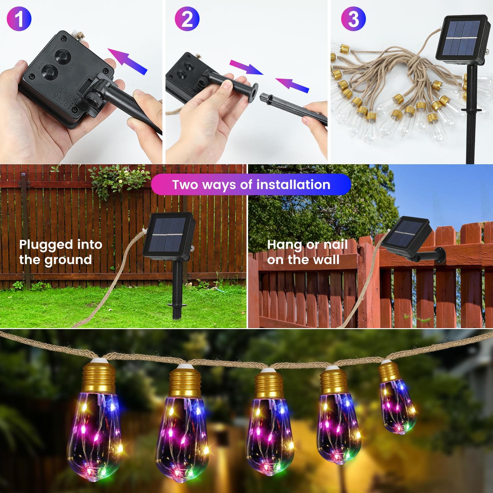 Guirnalda de luces solares para exteriores, 24 pies, cuerda de cáñamo, luces solares con 20 bombillas inastillables, 8 modos de luces solares con función de memoria, impermeable para jardín, camping