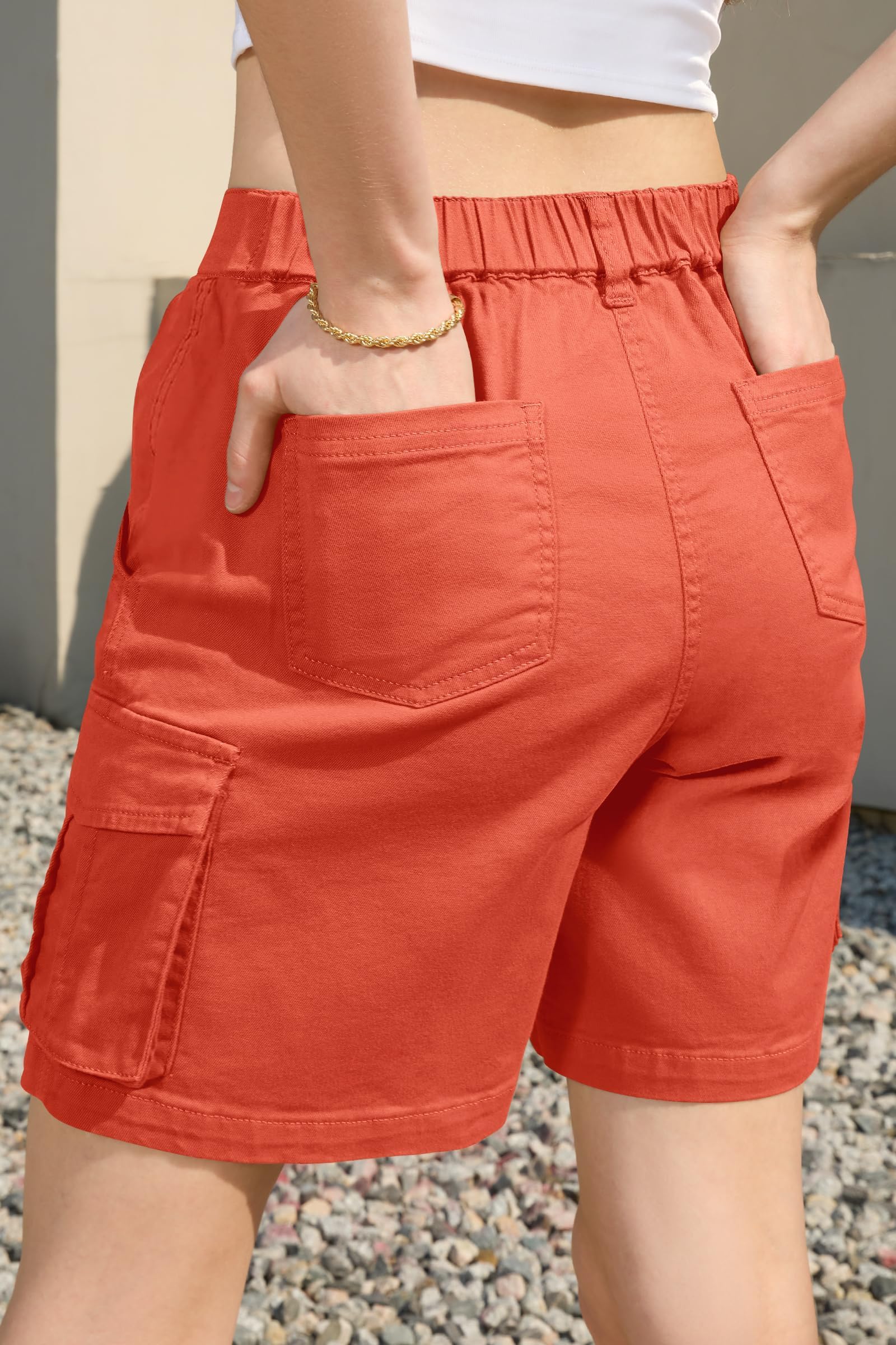 Bermuda Pantaloncini cargo da donna, al ginocchio, 6 tasche, elastico in vita