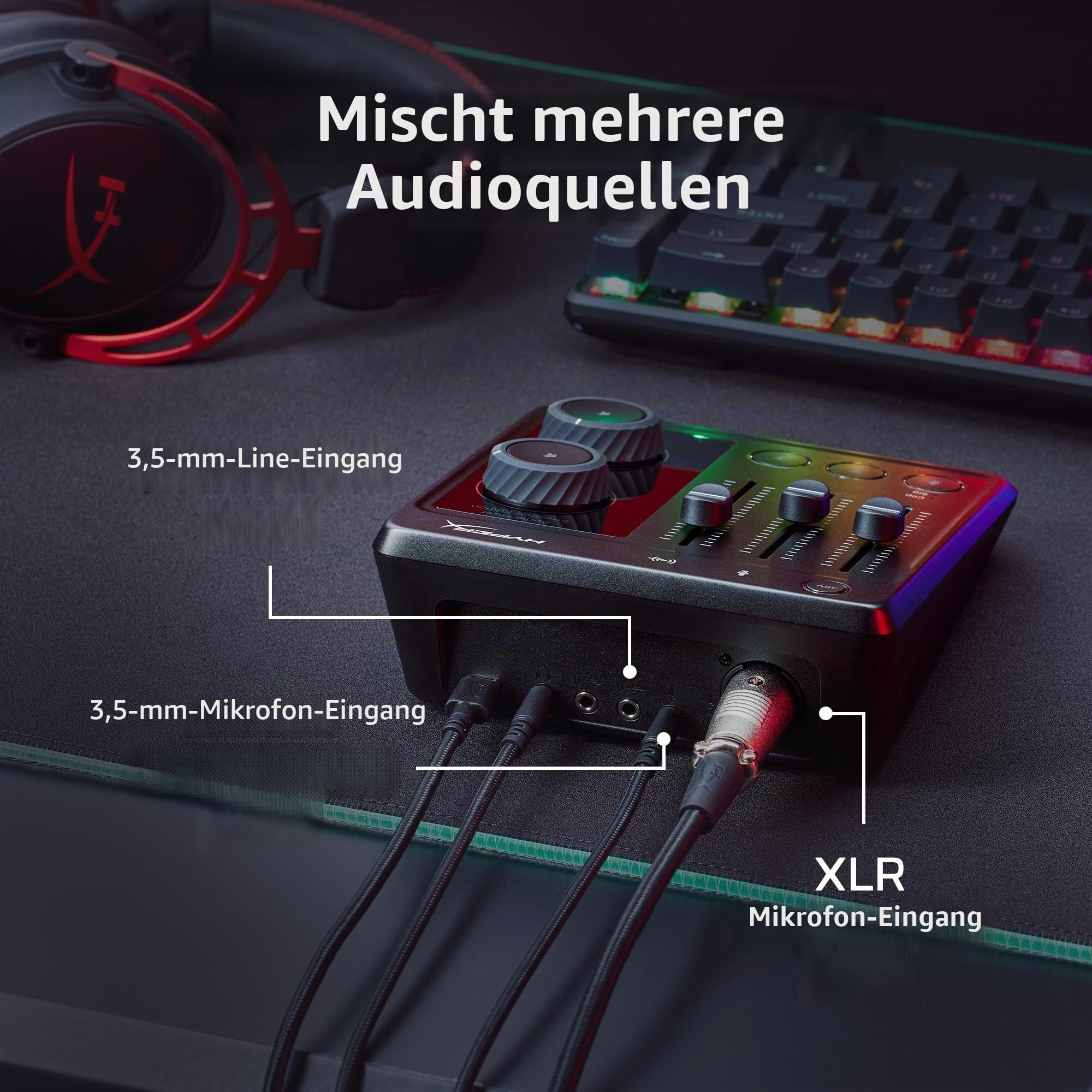HyperX Audio Mixer – USB-C Audio-Interface mit XLR-/TRS-Kombibuchse, 3,5-mm-Eingang, 24-Bit/96 kHz Aufnahmequalität, 48 V Phantompower, Schwarz