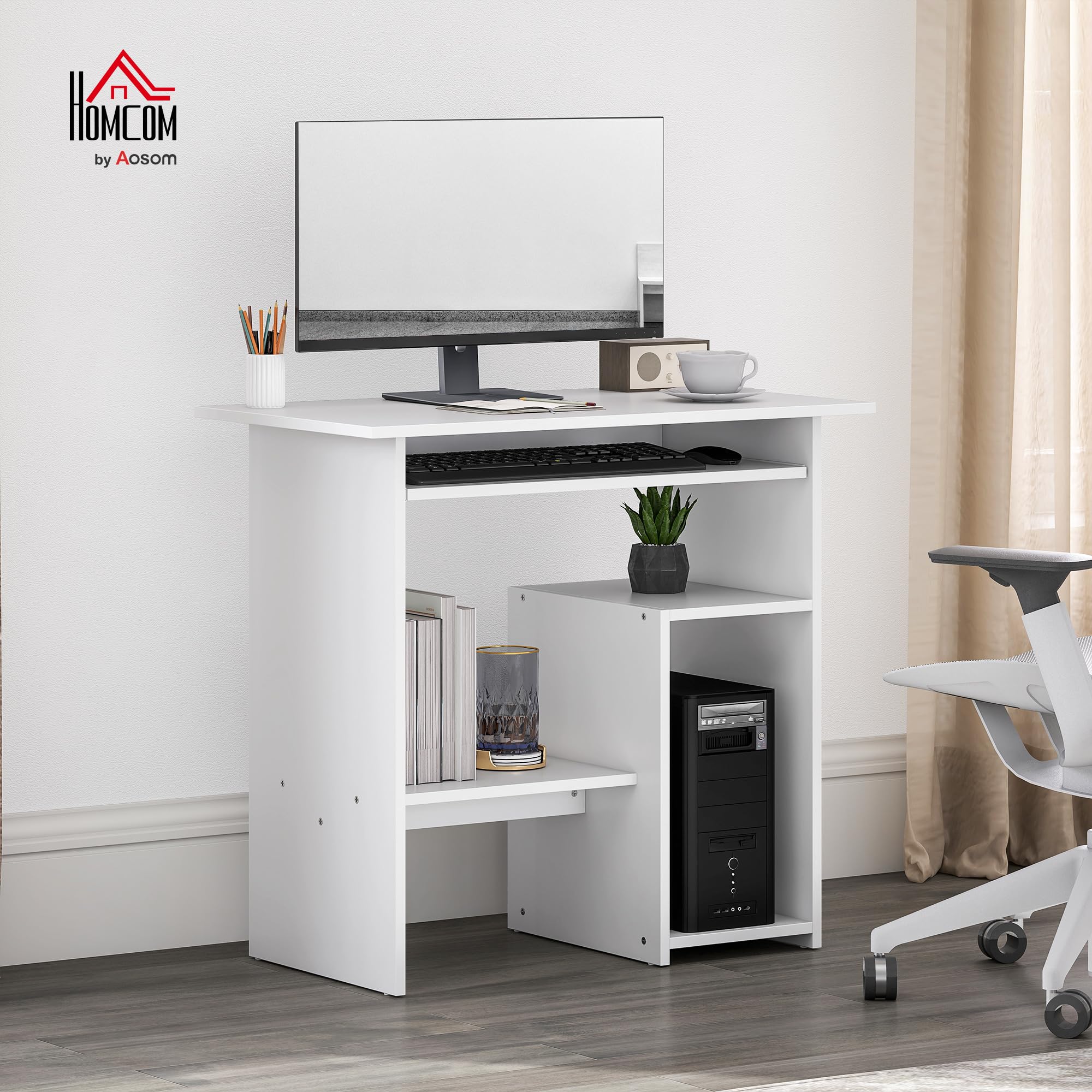 HOMCOM Schreibtisch mit Tastaturablage für Home Office 80 x 45 cm Weiß | Computertisch, Bürotisch, Offenen Fächern und Ablageflächen, Spanplatte, Schlafzimmer