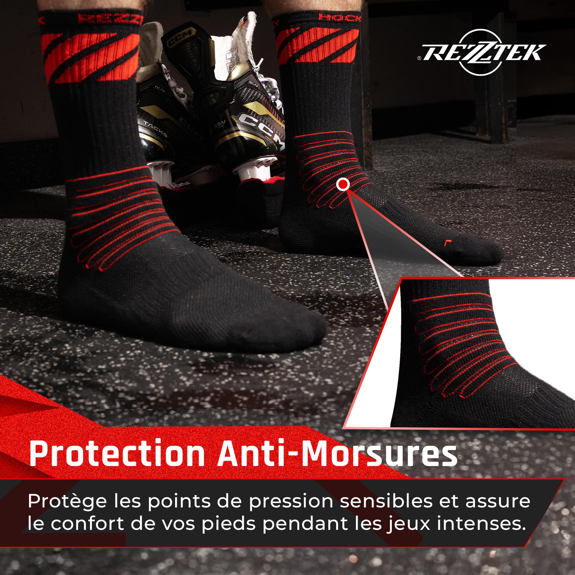 Rezztek Chaussettes de patins de hockey avec semelle antidérapante et protection anti-morsure