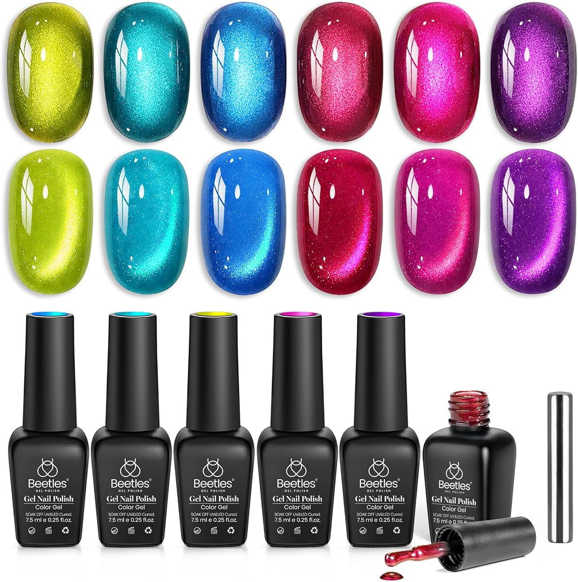 Beetles Cat Eye Gel Nail Polish Set, Fairy Prism 6 Colors Glitter Gel | Neon Cat Eye Gel Polish Kit Red Green Blue Pink Purple Magnetic Shine Soak Off UV Salon DIY Manicure Gift for Women