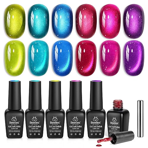 Beetles Cat Eye Gel Nail Polish Set, Fairy Prism 6 Colors Glitter Gel | Neon Cat Eye Gel Polish Kit Red Green Blue Pink Purple Magnetic Shine Soak Off UV Salon DIY Manicure Gift for Women - B - Multicolor | Fairy Prism