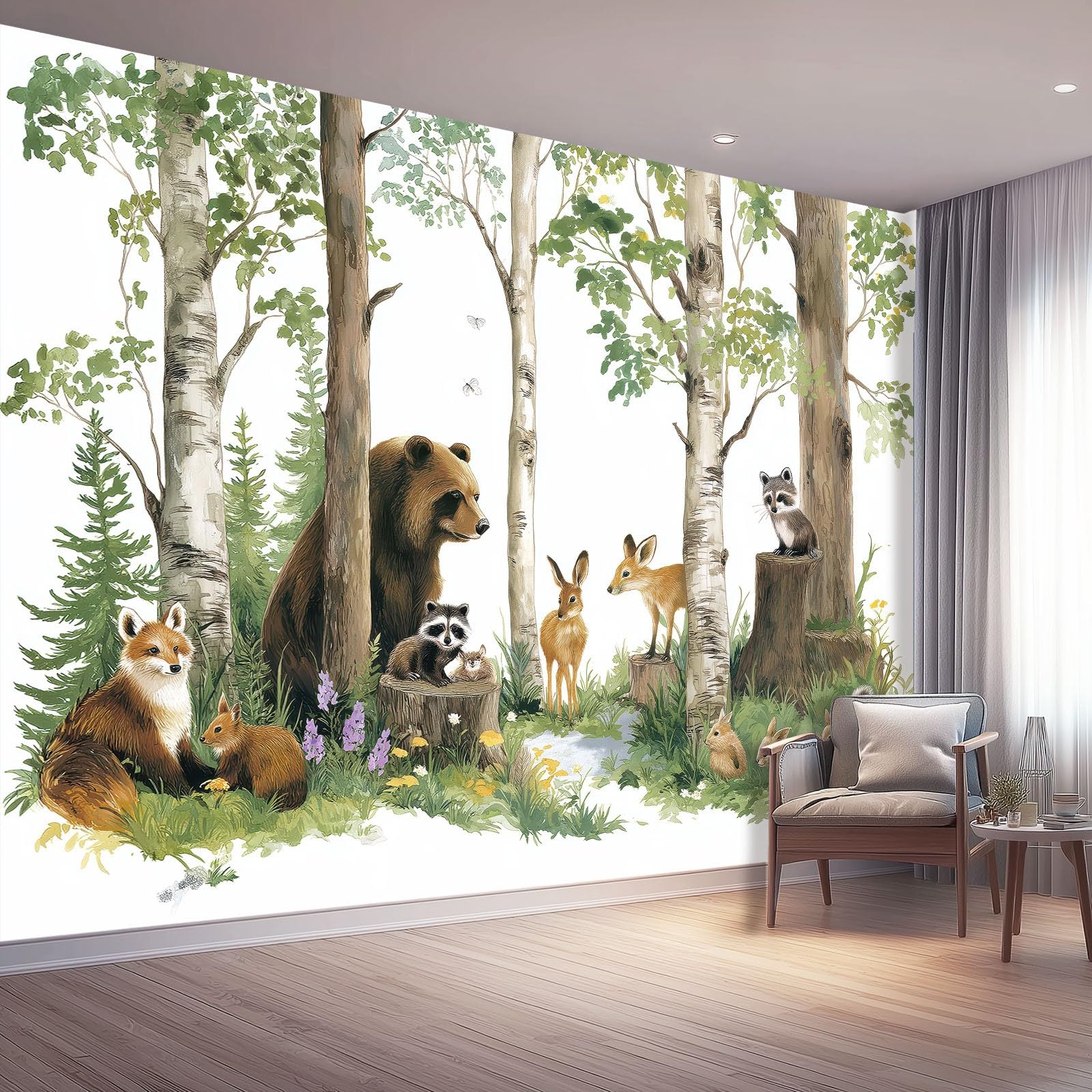 Papier peint animal ours et arbre pour créer une ambiance scandinave en cuisine