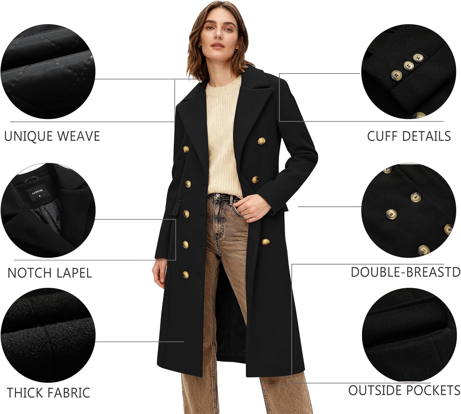 Women's Long Coat for Winter, Classic Notch Lapel Peacoat, Double-Breasted Casual Long Sleeve Fall Overcoat - Image 6
