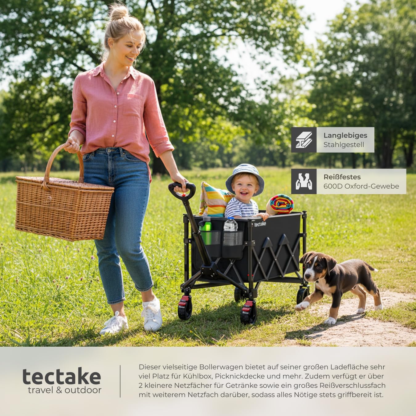 tectake® Bollerwagen faltbar, Transportwagen klappbar, Transporter mit Teleskopgriff und Rückholmechanismus, Profil Kunststoffräder mit Bremse, mit Plane und Einlegebogen, Belastbarkeit 80 kg - 120 L