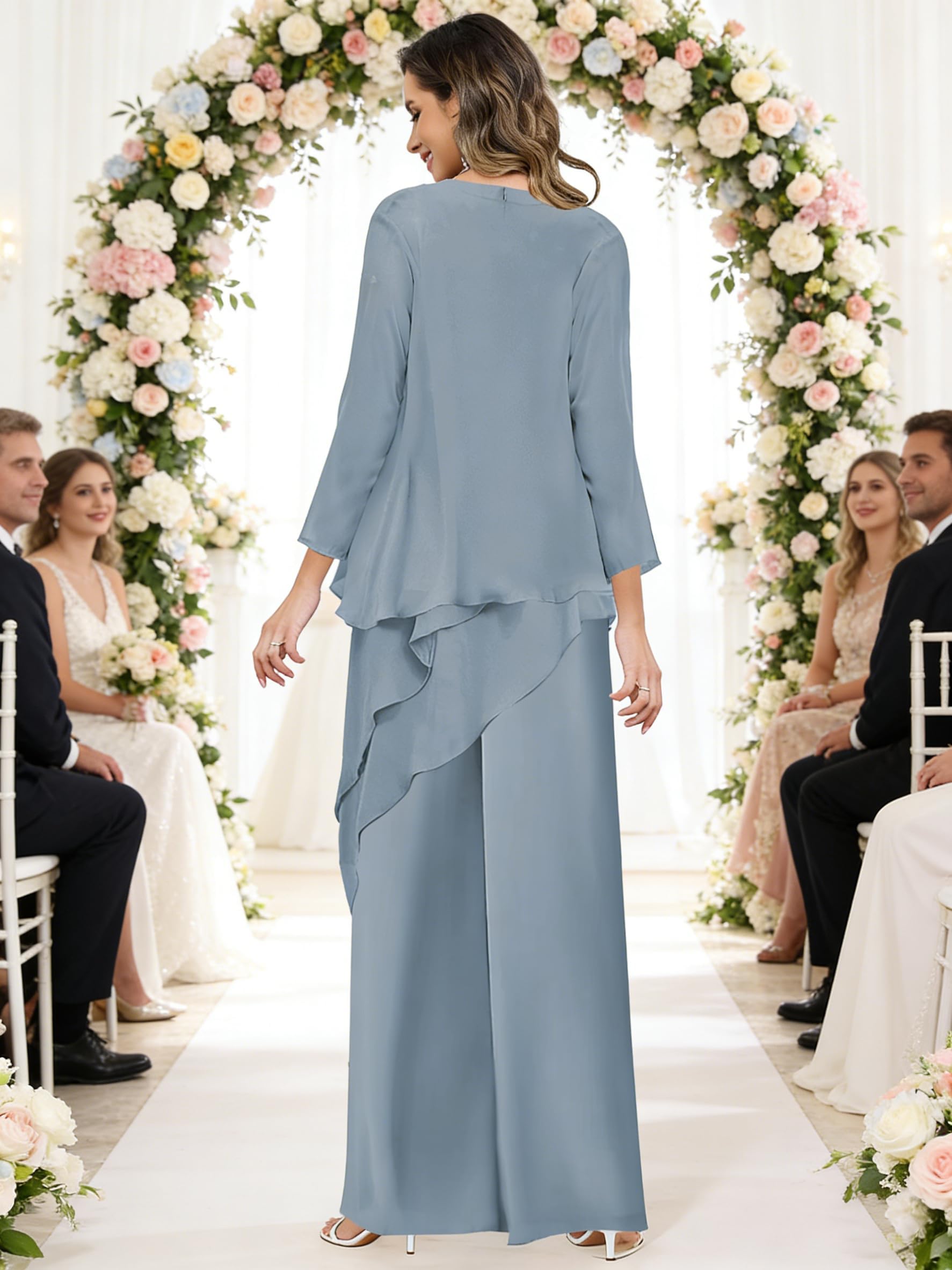 3 Stück Hosenanzug Damen Festlich Elegant,Chiffon Rüschen Mutter der Braut Hosenanzüge 3/4 Ärmel Hochzeit Jumpsuits