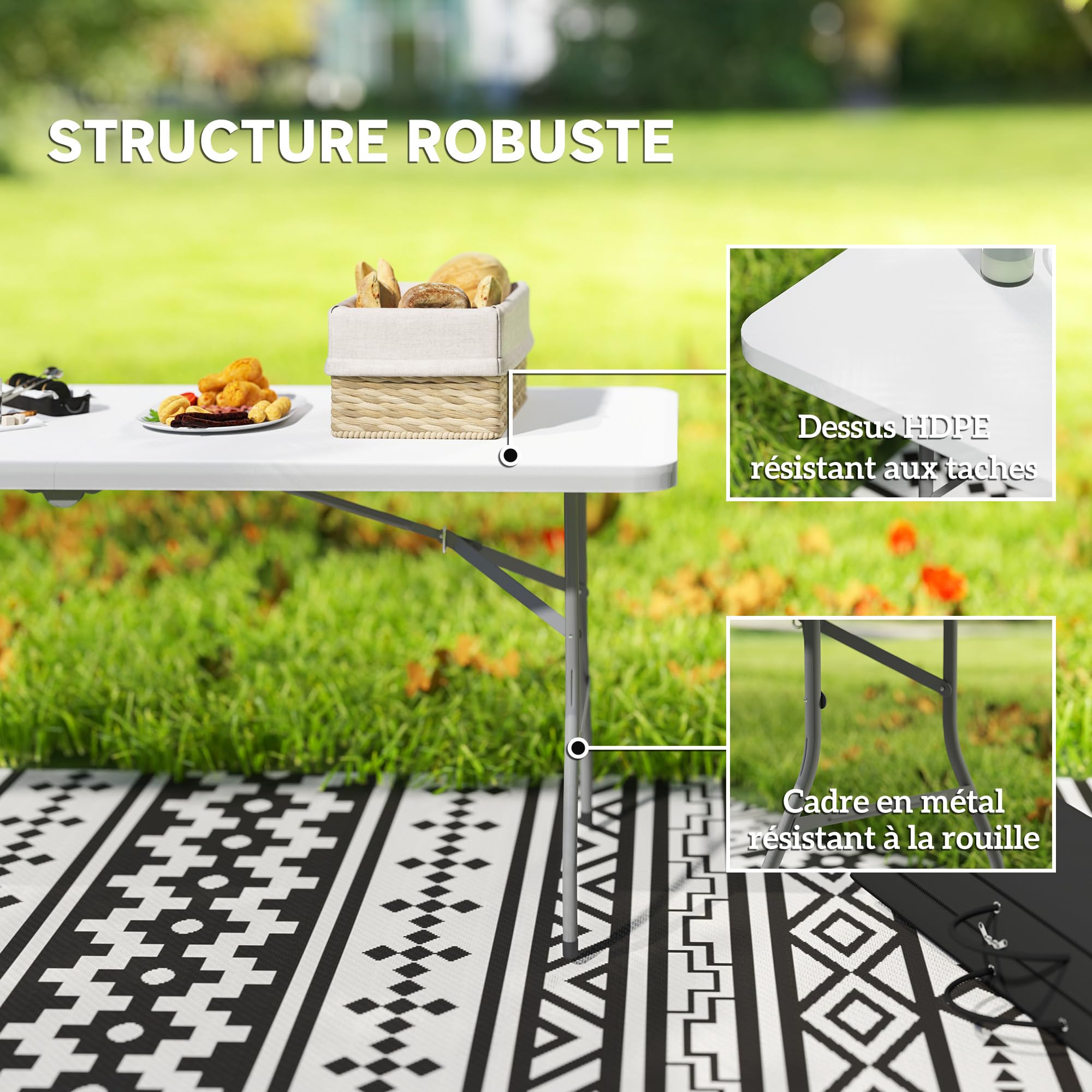 Outsunny Tavolo pieghevole in HDPE tavolo da campeggio pieghevole 180 x 74 x 74 cm, con una maniglia, copripiedi antiscivolo, per esterno, terrazzo, campeggio, spiaggia, bianco