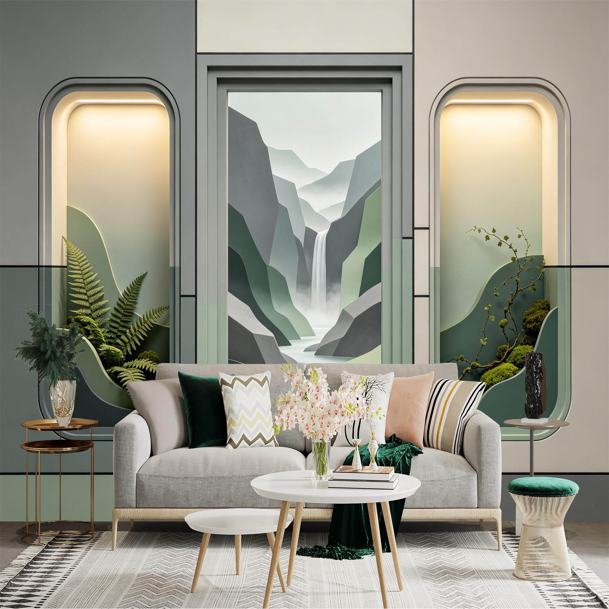Custom Size Wall Sticker Mural， Waterfall with Mountains， Ferns and Bonsai Art， for wall Decoration， peelandstick wall Decals.