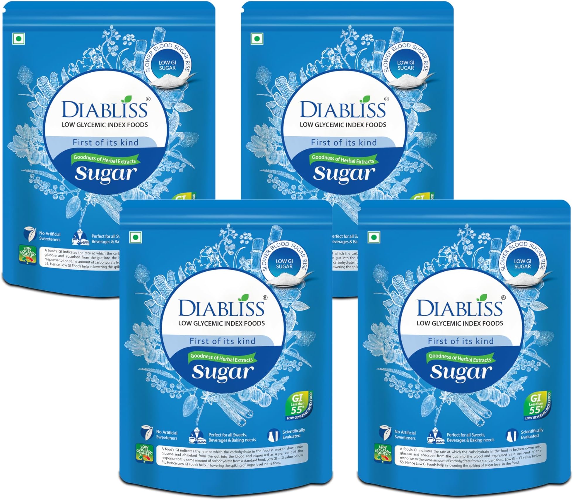 Diabliss Sugar 500g Pouch- Low Glycemic Index (GI) - Pack of 4 Combo Pack