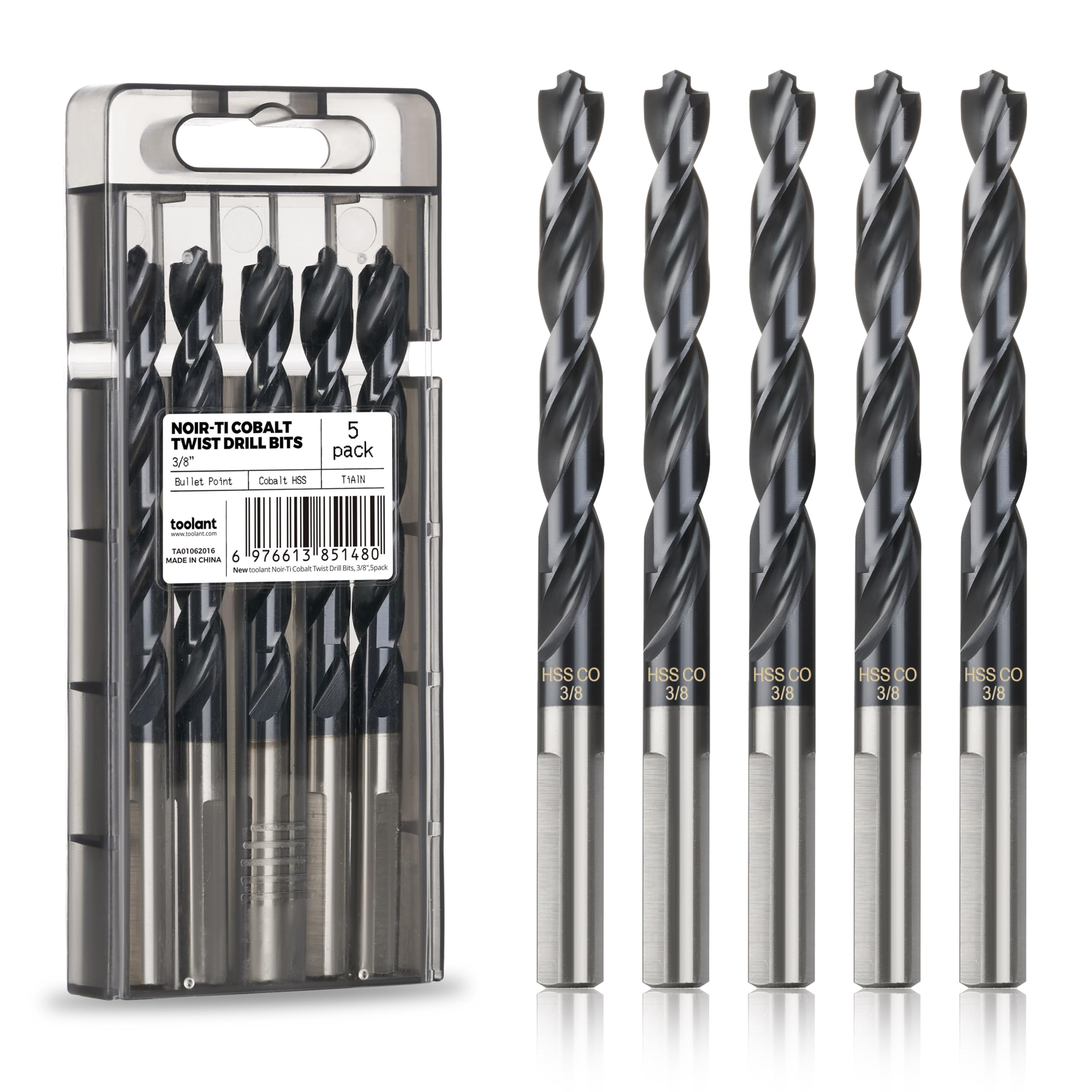 Toolant Juego de brocas de cobalto de 3/8 pulgadas (Pro) con revestimiento de nitruro de aluminio de titanio (TiAlN) con punta de bala, 5 piezas a granel