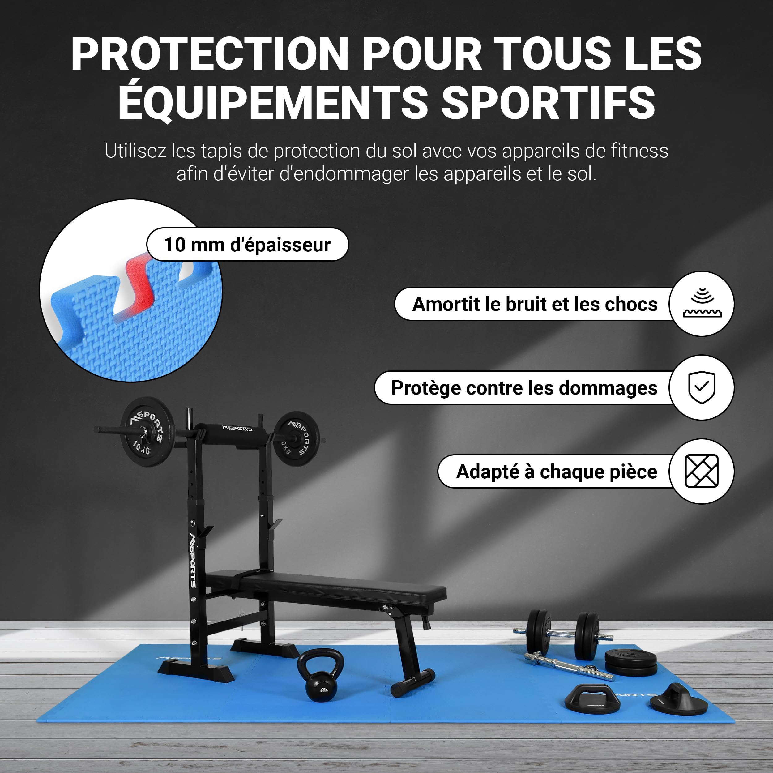 MSPORTS Lot de 8 tapis de protection de sol de qualité supérieure - 3,2 m² - Antidérapant - Pour l'entraînement, le yoga et le fitness - Pour la salle de sport à domicile, également comme tapis de
