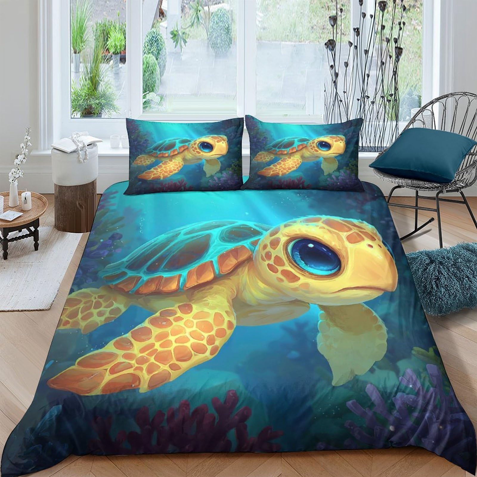 Ctjqhvkz Style-1 3D Printed Ocean Turtle Fitted Sheet Microfiber Soft Breathable Sea Life Bed Cover For Bedroom Dorm Decor Single（135X200cm）