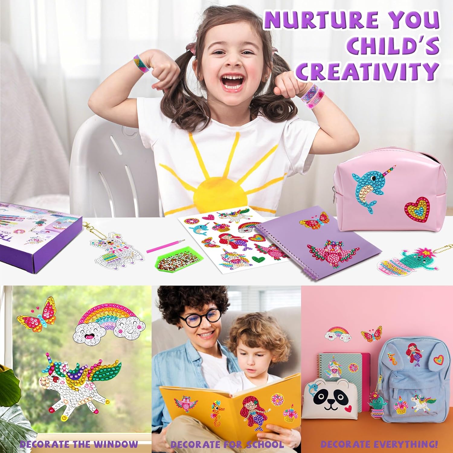 goldentime Diamond Art Kits for Kids Including 6 Diamond Painting Bracelets, 4 Diamond Art Keychains and Colorful gem Stickers, Fun Gem Painting Kits, Perfect Crafts Kits for Girls Aged 4-12 - Image 6