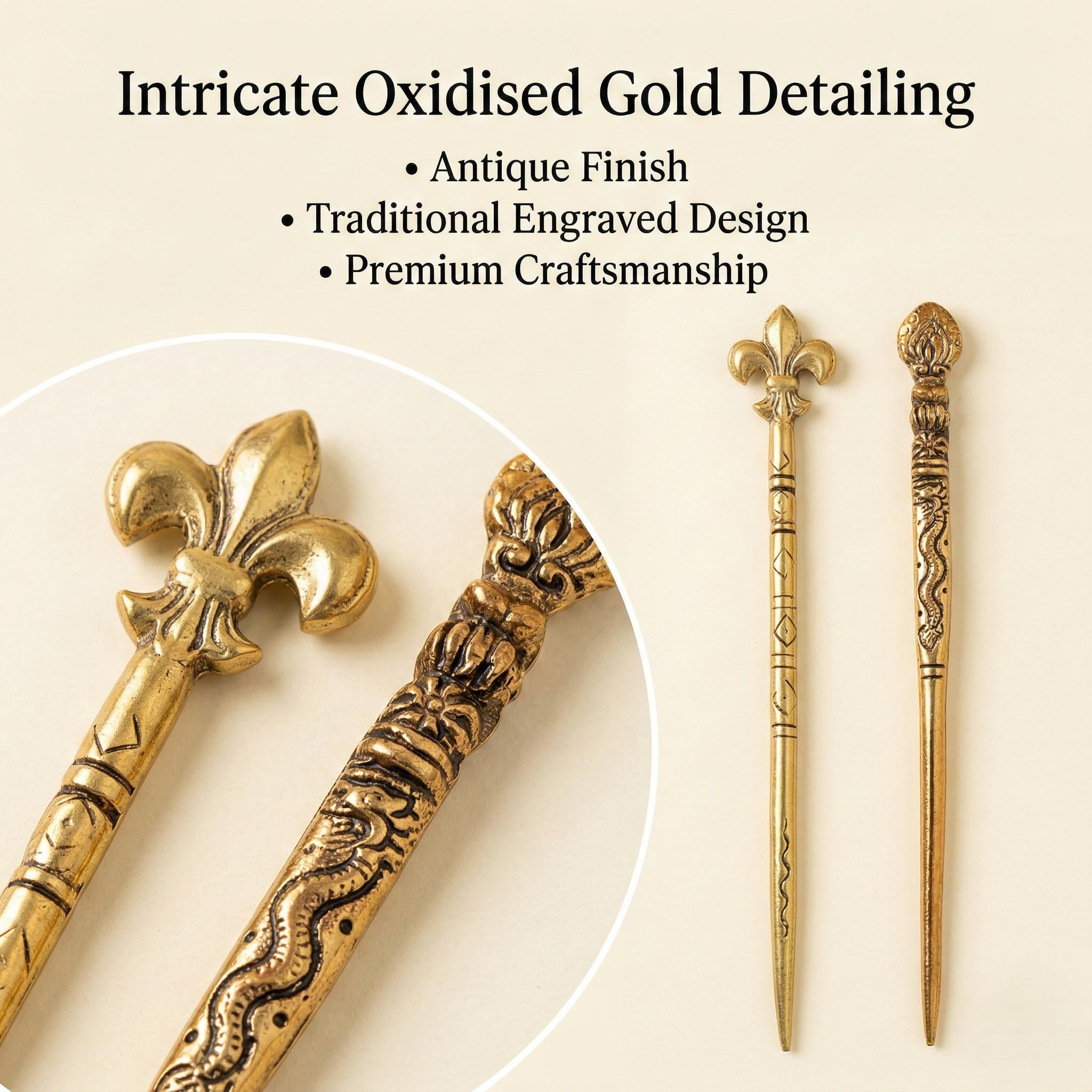 Salvus APP SOLUTIONS Oxidised Metal Work Golden Hair Stick for Girls- Set of 2, Juda Stick for Women, Juda Pin Bun Stick (Gold_6.5 INCH) (Assorted) 4