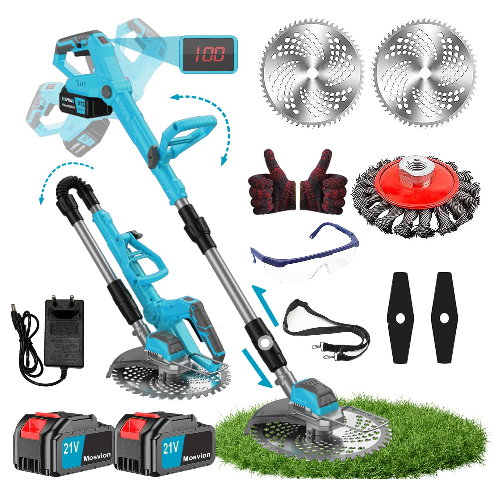 Desbrozadora eléctrica con batería con cepillo para malas hierbas, 21 V, desbrozadora eléctrica con batería, 2 baterías de 4,0 Ah y cargador, cabezal ajustable, mango telescópico para jardín, césped