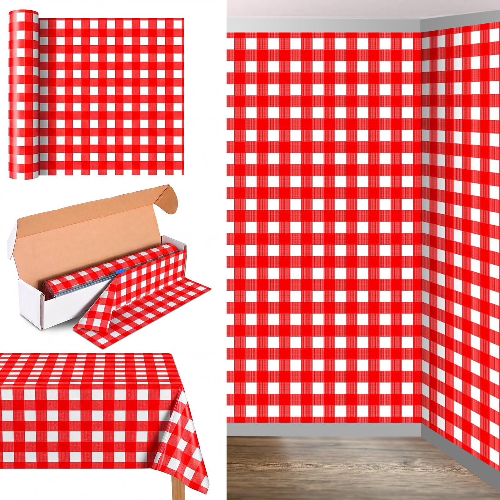 Oudain 54 Inch x 100 ft Red and White Gingham Tablecloth Roll Cutter Box