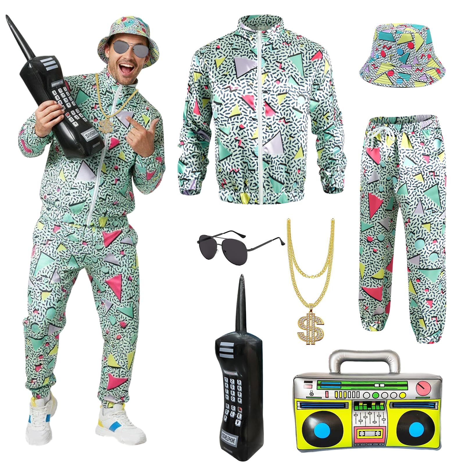 Xerteam 80s 90s Fancy Dress Men with Accessories, Retro 80s 90s Hip Hop Outfit for Adults, 80s Fancy Dress Set with 1 Sportswear Shirt Pant Hat Necklace Balloon Glasses (Green, XL)
