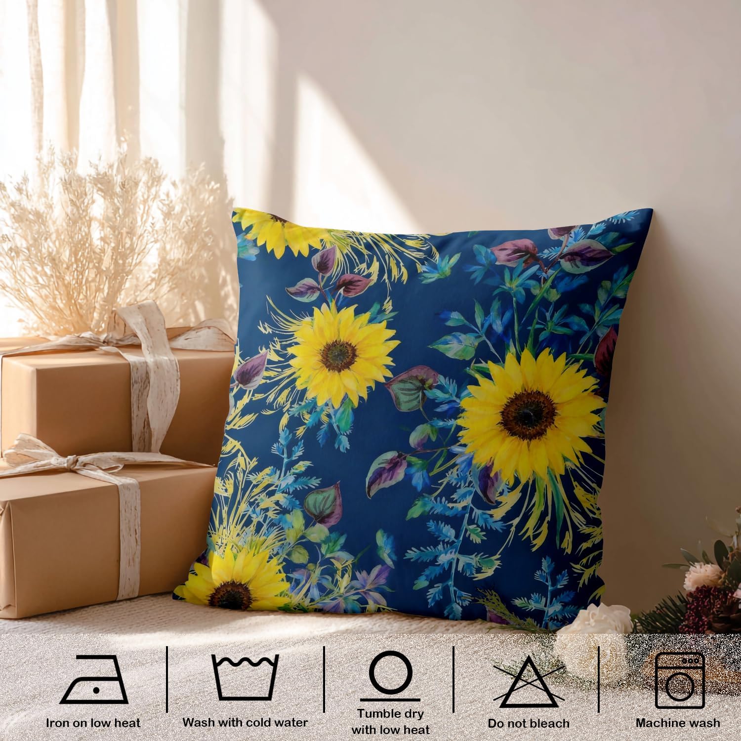 Floral Pillow Covers, Purple Blue Daisy Flower Floral Daisies Flower Square 22 x 22 Inches Decorative Throw Pillow Covers Cotton Cushion for Sofa Bedroom Car, Yellow, Set of 2