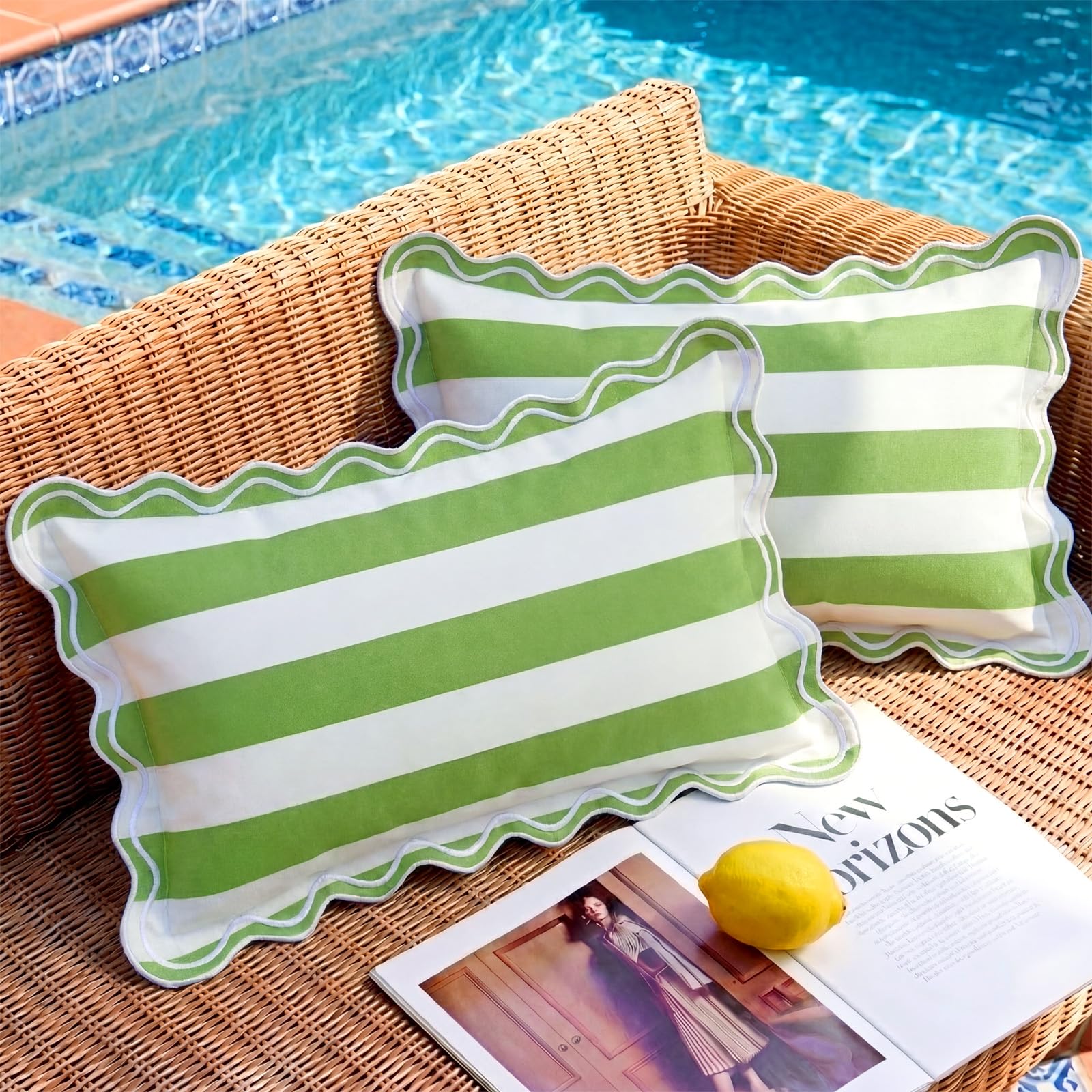 View 1 of 12x20 Green Striped Scalloped Outdoor Lumbar Pillow Covers Waterproof & Fade-Resistant Set of 2, Preppy Embroidered Ruffle Pillows Decorative for Couch Porch & Patio Furniture, Cottage Core Decor