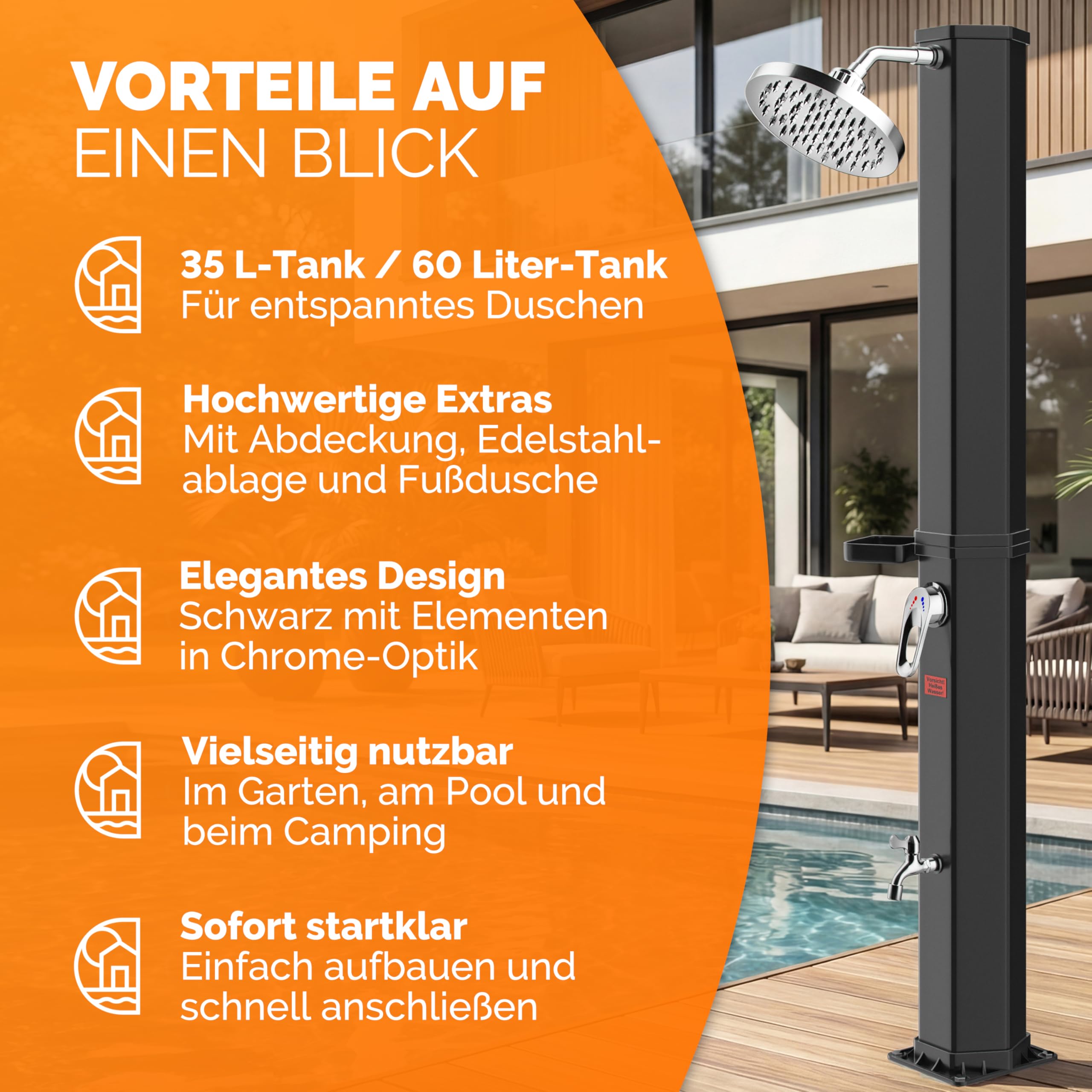 Casaria® Solardusche 35 Liter UV-beständig Ablage 105GSM Schutzhaube Regendusche Pooldusche Campingdusche 60°C Warmes Wasser Dusche Außendusche
