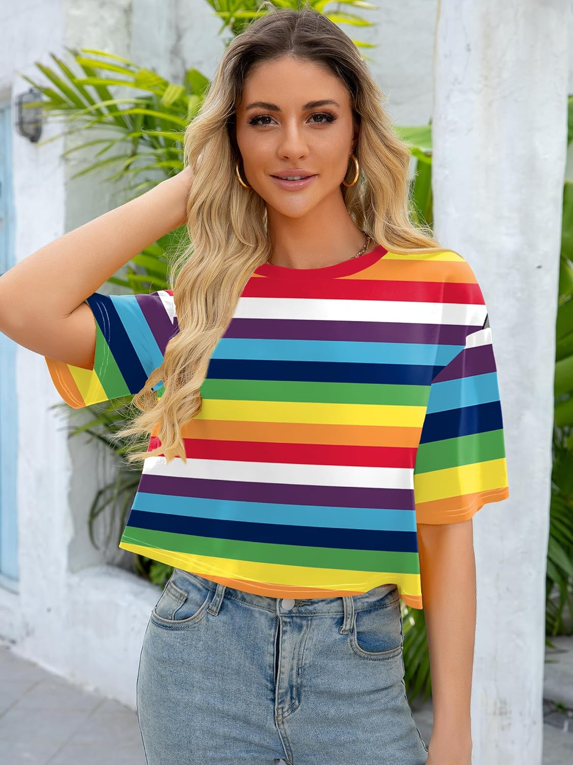 PECHAR Pride Shirts for Women LGBT Rainbow Crop Tops Striped Color Block Y2K Crop Short Sleeve Casual Summer Shirt - Image 6