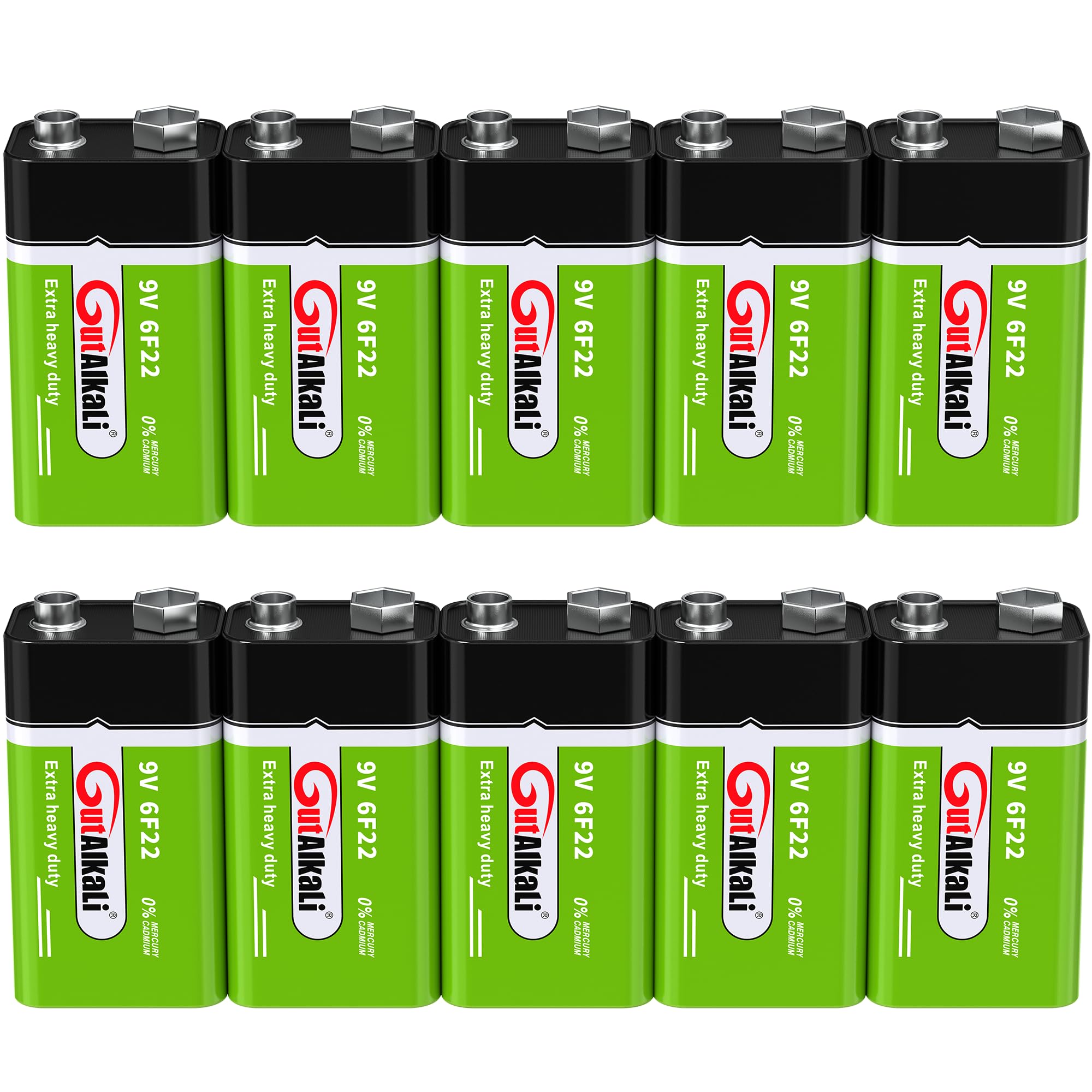 GutAlkaLi Batterien 9V Blockbatterie, 10 Stück, Longlife Power für Rauchmelder, Brand- & Feuermelder, Mikrofon 6lr61 6F22 PP3 MN1604
