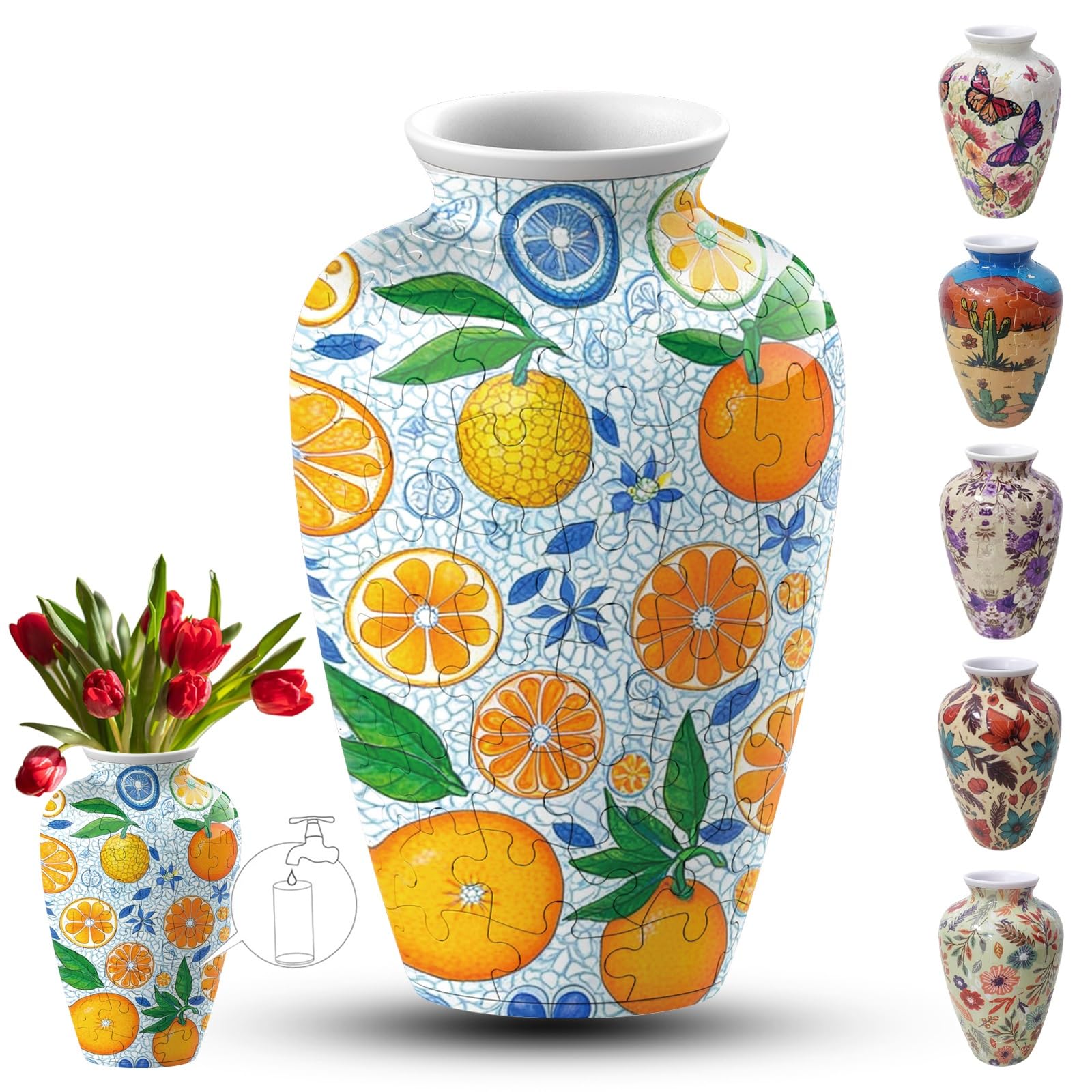 Adults 3D Jigsaw Vase, 120 Pieces, DIY Jigsaw Puzzle, 3D curved puzzle with water column, perfect for displaying real or artificial flowers and flower arrangements(Small oranges)