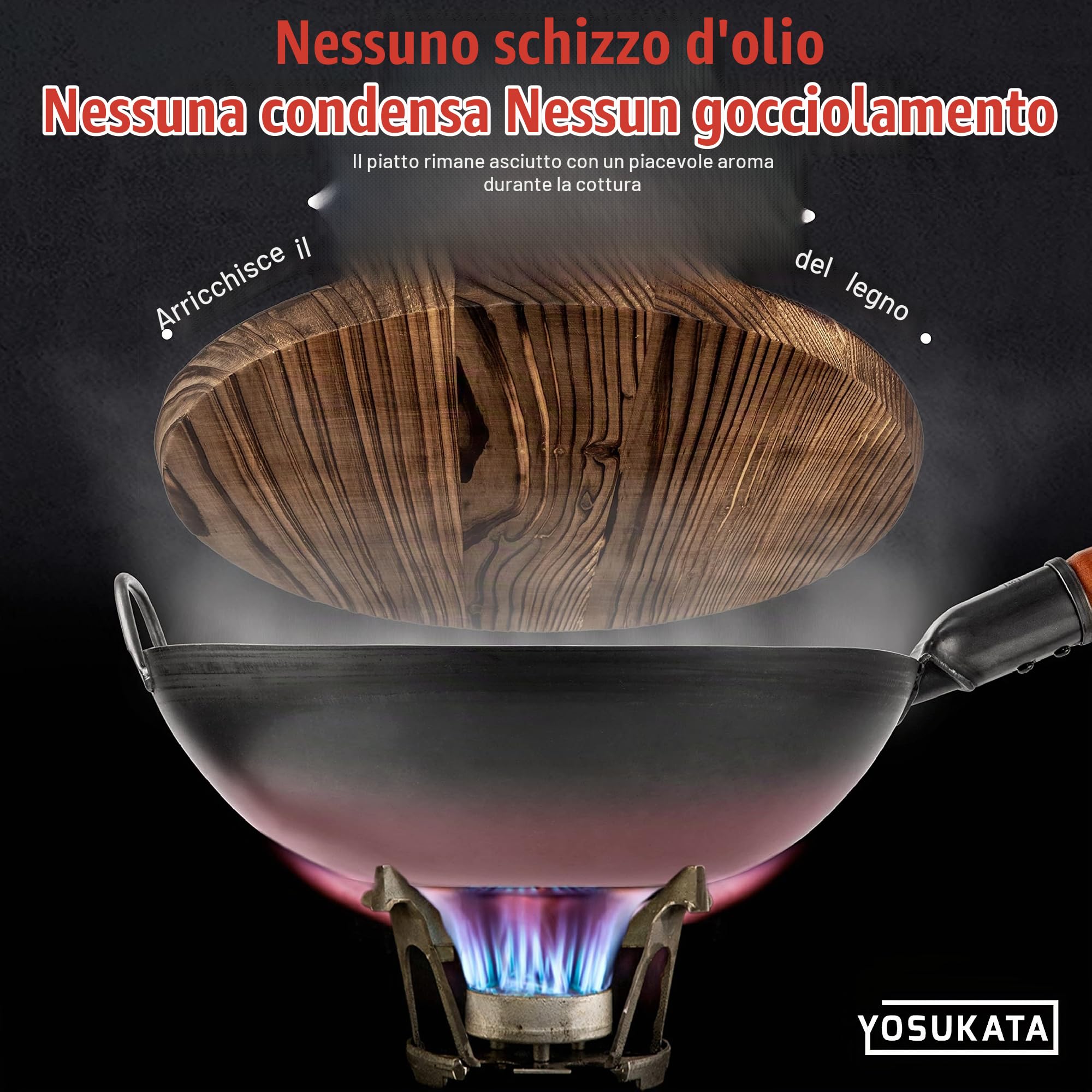 YOSUKATA Wok Padella Professionale 34 cm - Tradizionale Wok Acciaio al Carbonio Blu Fondo Piatto Precondizionato + Coperchio In Legno Per Wok 34 Cm