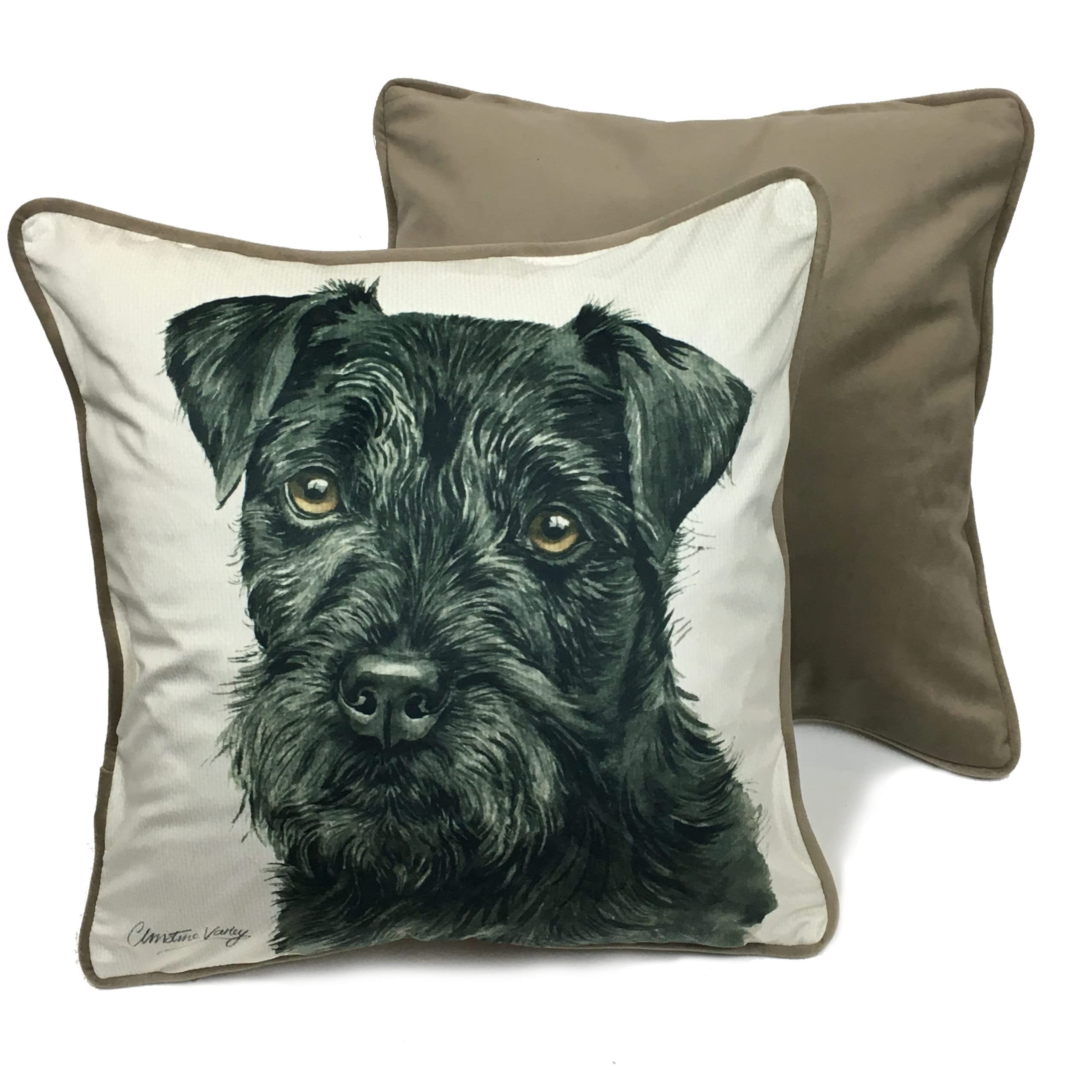 WaggyDogz Patterdale Terrier Luxury Dog Cushion/Pillow by Christine Varley (CUS-UK233)