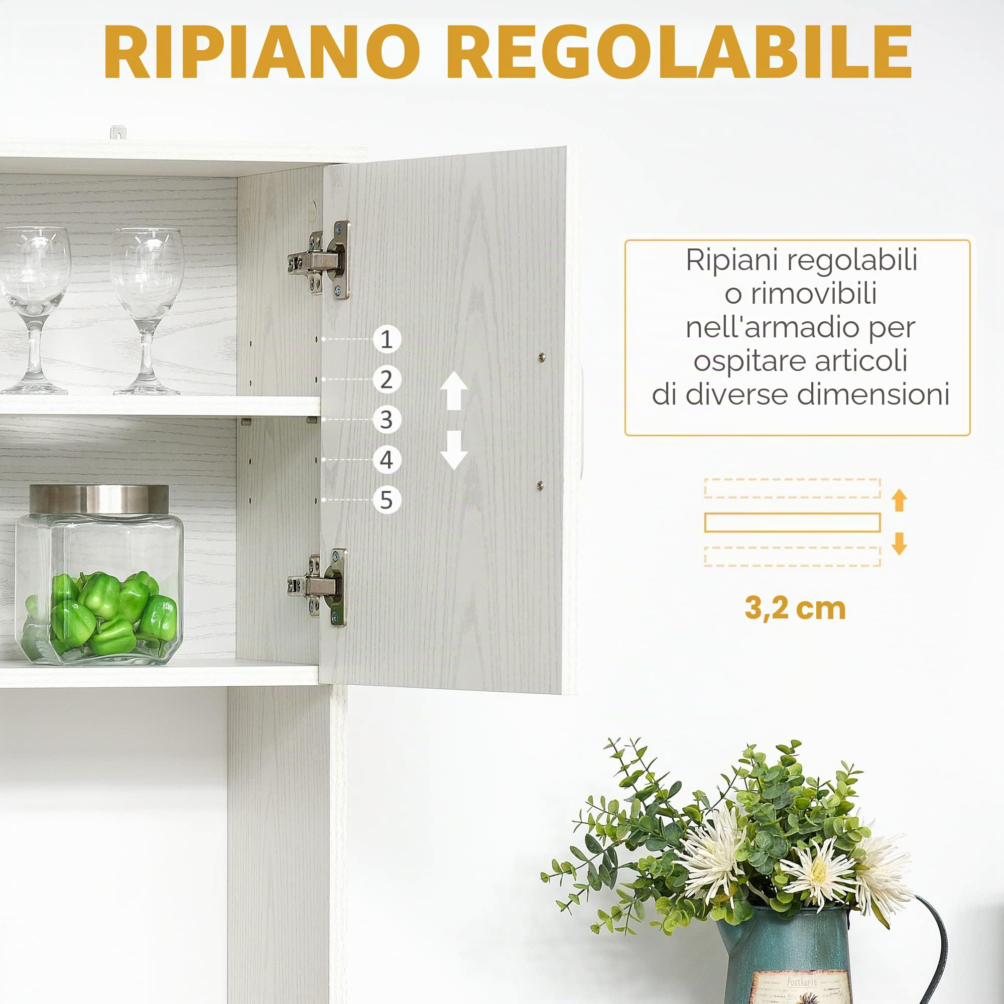 HOMCOM Buffet da cucina multi-storage 4 ante 71x41x178 cm Bianco | Armadio da cucina, 1 cassetto, ripiano + vassoio grande, MDF