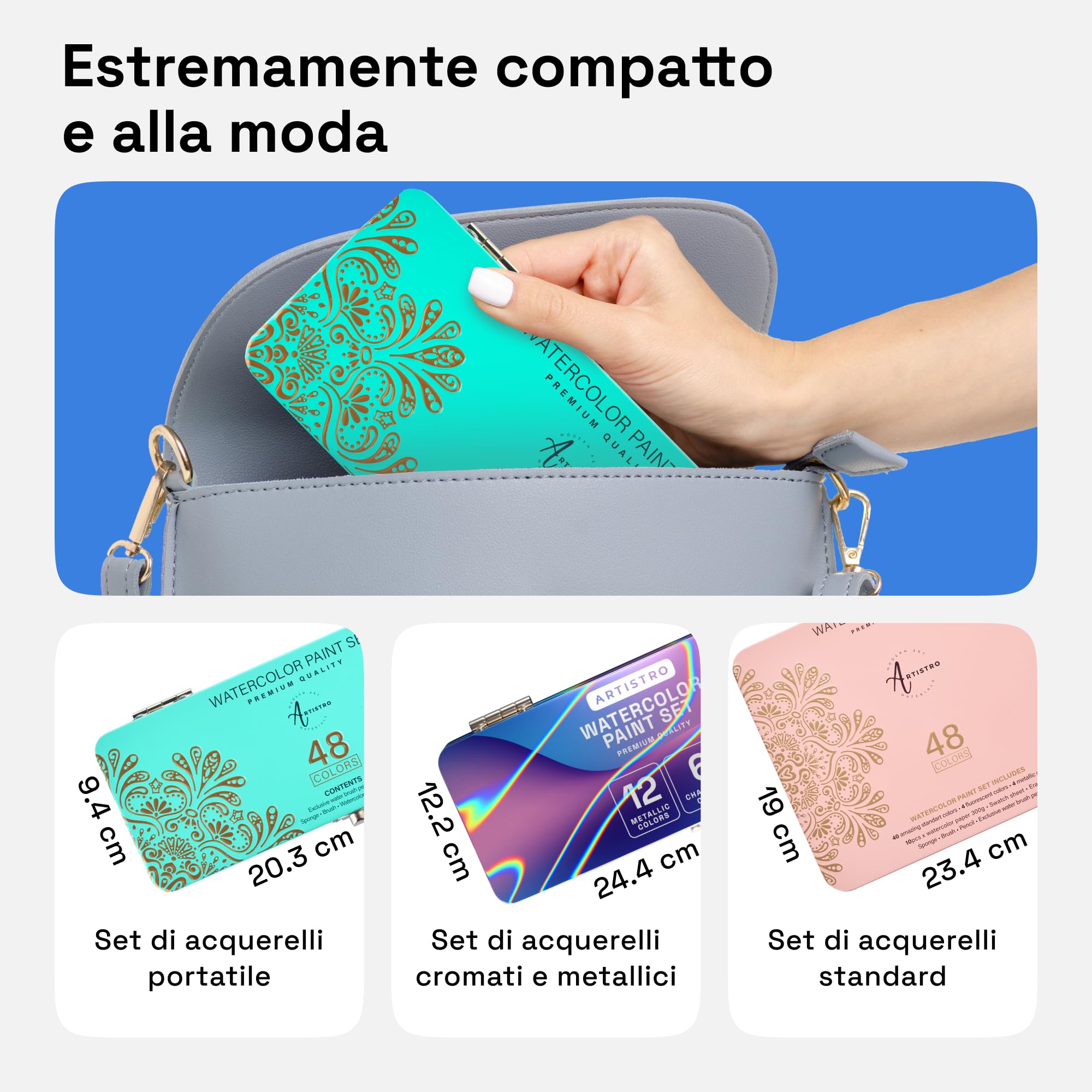 Artistro Set per Acquerello in Astuccio, Acquerelli in 48 Colori con Metallizzati e Neon + Accessori. Acquerelli Professionali per Artisti e Hobbisti. Acquarelli per Bambini e Adulti