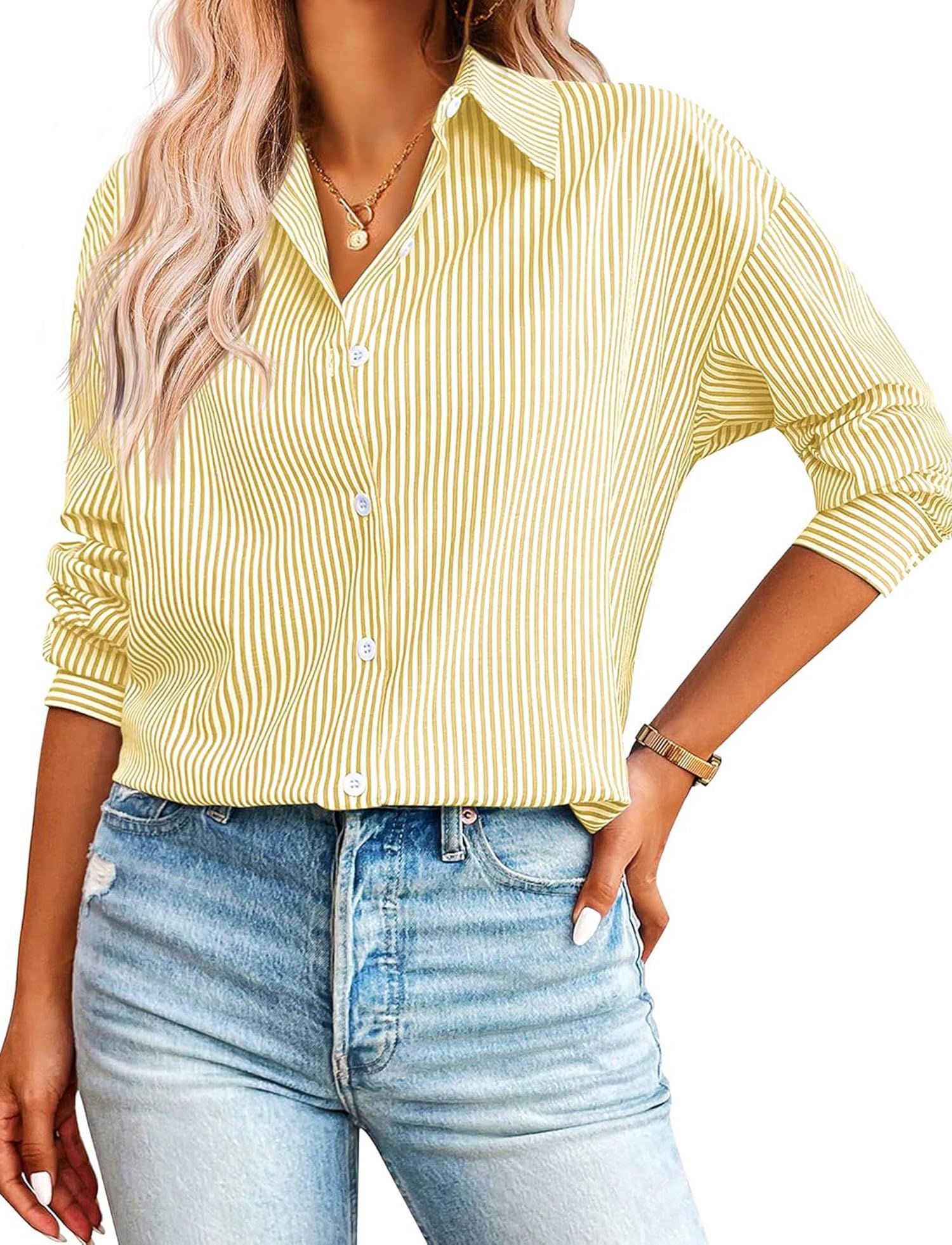 Damen Button-Down Shirts Langarm Kragen Tops Lady Work Office Chiffon Bluse