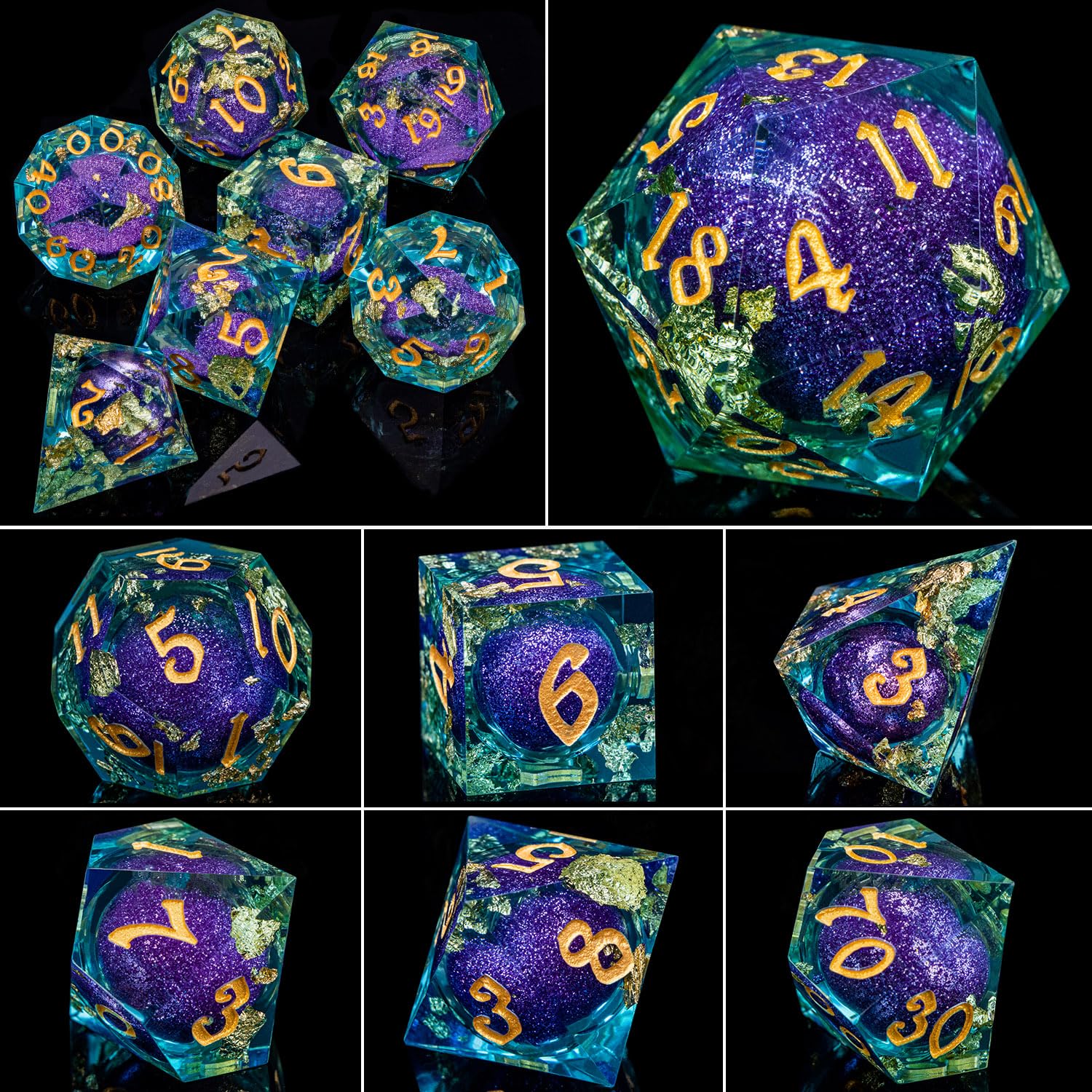ARUOHHA Flüssiger Kern DND-Würfel-Set, 7-teilig, Kunstharz, scharfe Kanten, Drachenwürfel, RPG, Rollenspiele, polyedrische Dungeons, D- und D-Würfel mit Geschenkbox, D20, D12, D10, D8, D6, D4