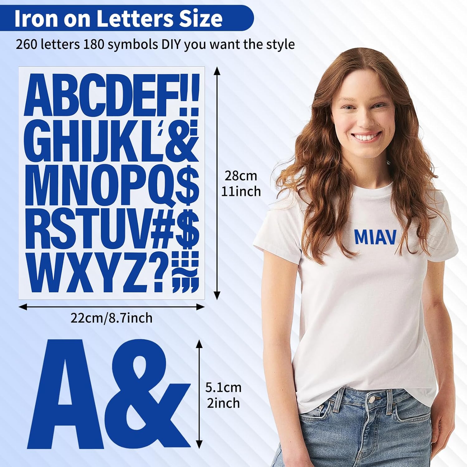 10 Sheets 440 Pieces Iron on Letters for Clothing, 2 Inch Heat Transfer Letters, Blue Iron on Vinyl Letters with A-Z PU Alphabets Sticker for Fabric, Jersey T-Shirt Printing DIY Craft thumbnail