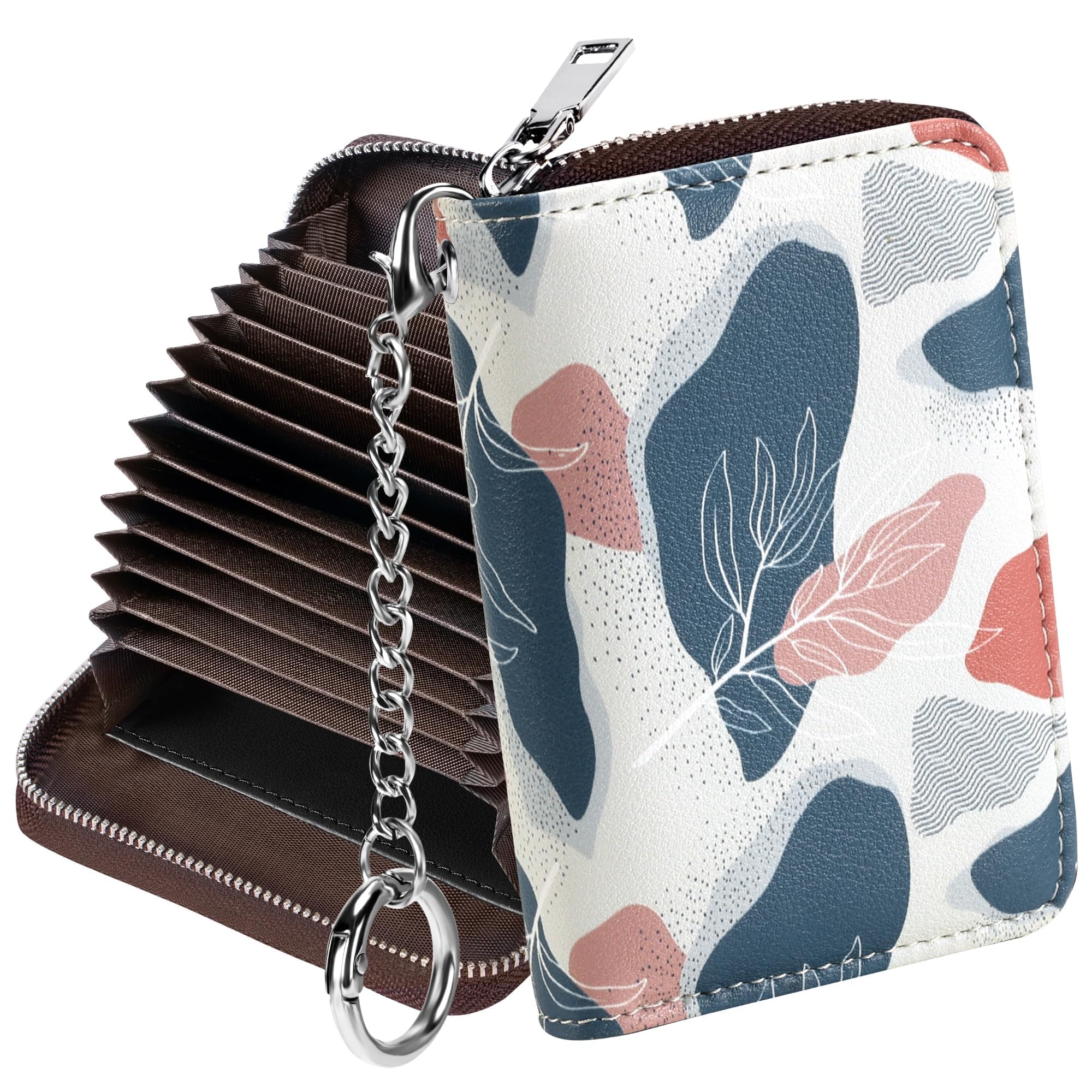 Mayski Credit Card Holder, Zipper Credit Card Wallet for Women, Small Accordion Card Cases Holder, KeyChain Wallet, Business Card Holder, Desert Leaf